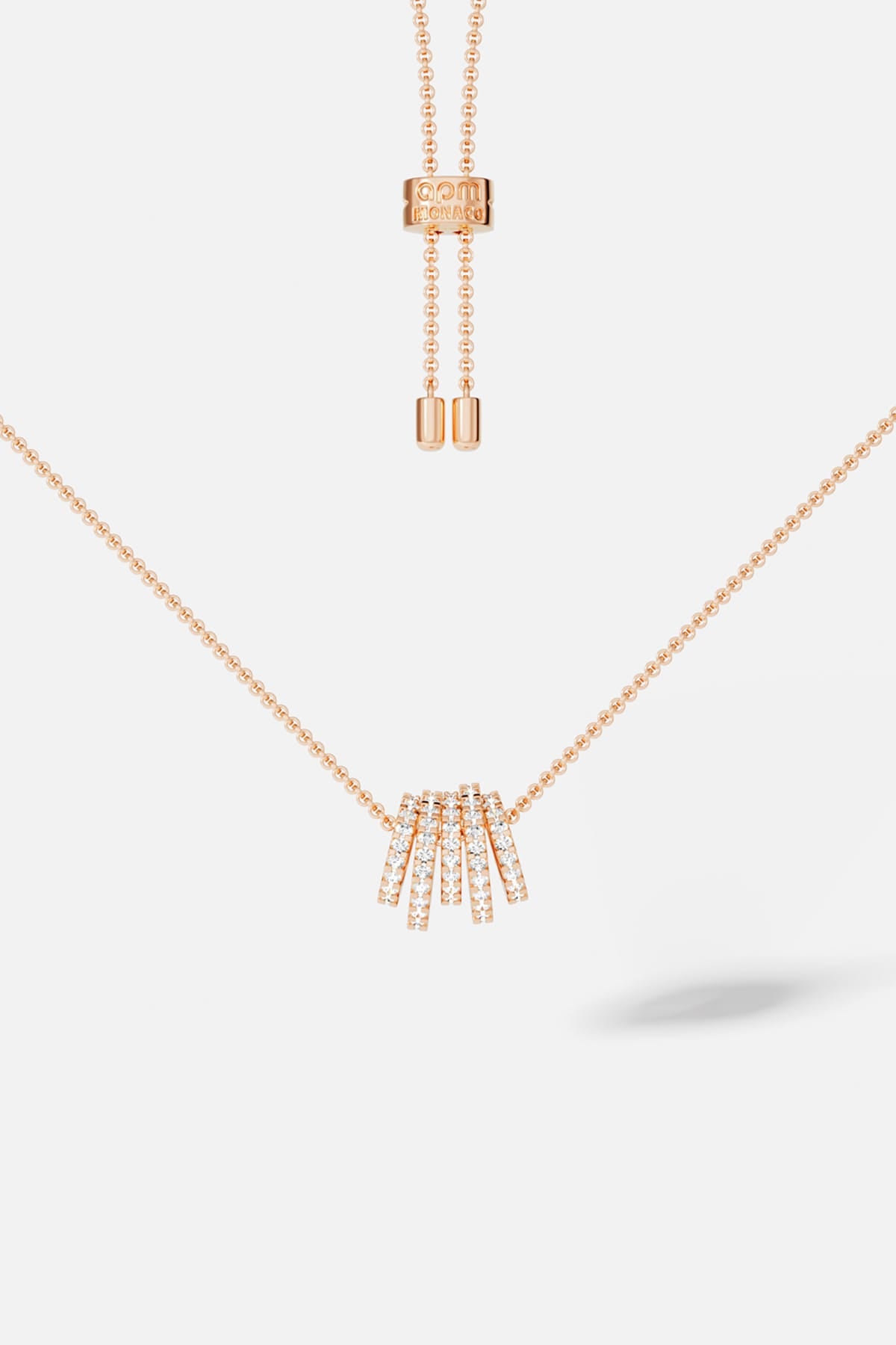 APM adjustable necklace in rose color, a shimmering cascade of effortless elegance.
