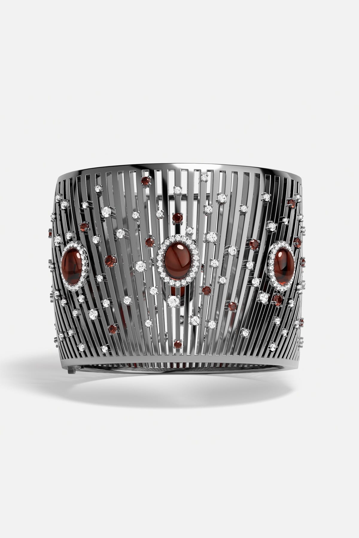 APM Cuff Bracelet, a bold architectural statement scattered with deep red brilliance.