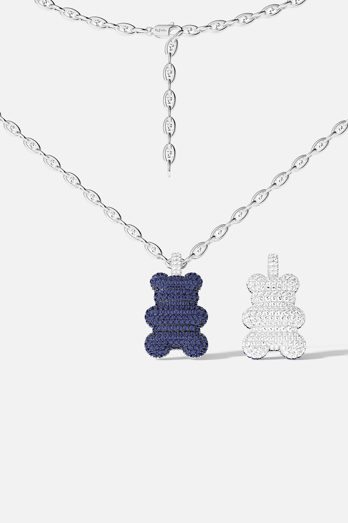 APM Yummy Bear Necklace, a playful sparkle in midnight blue and crystal white.