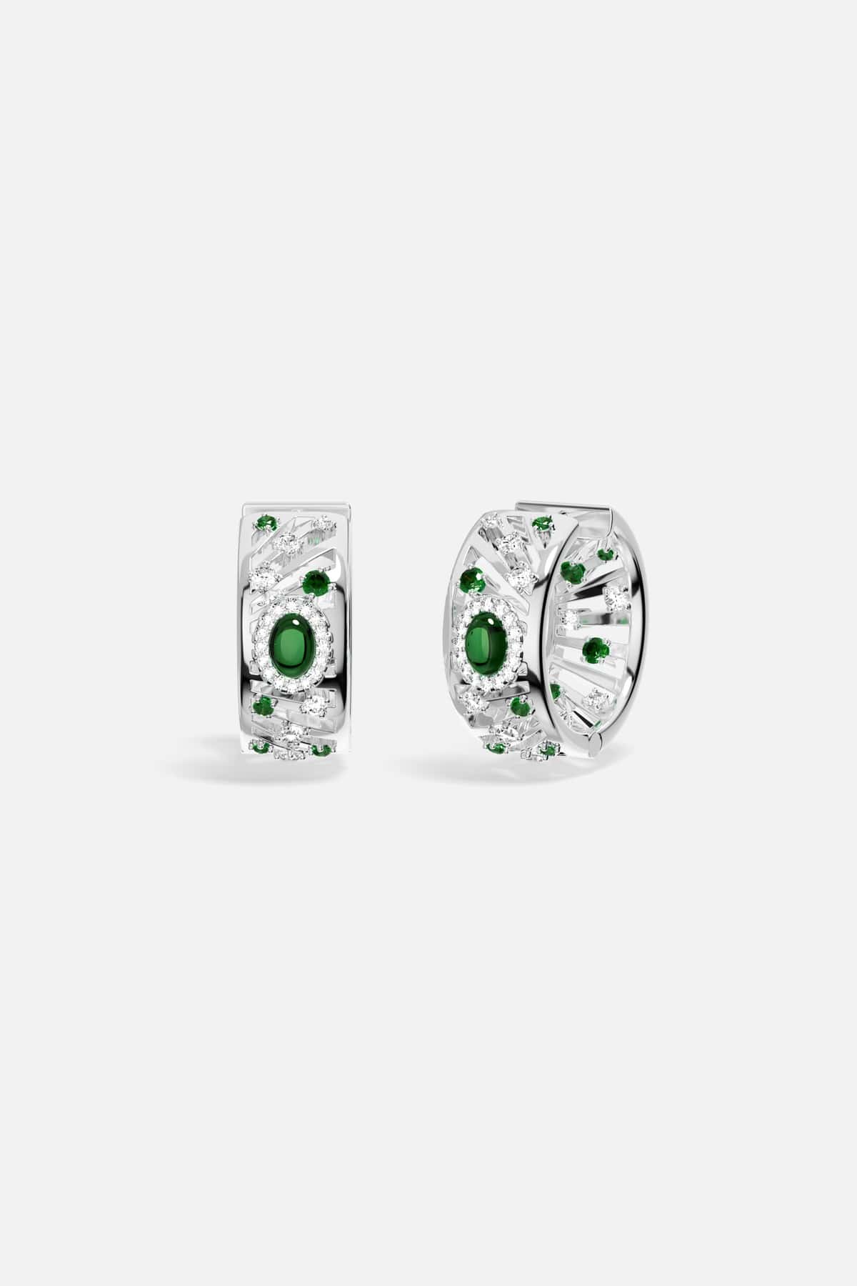 APM Hoop Earrings, radiant green stones set in luminous rhodium finish elegance.
