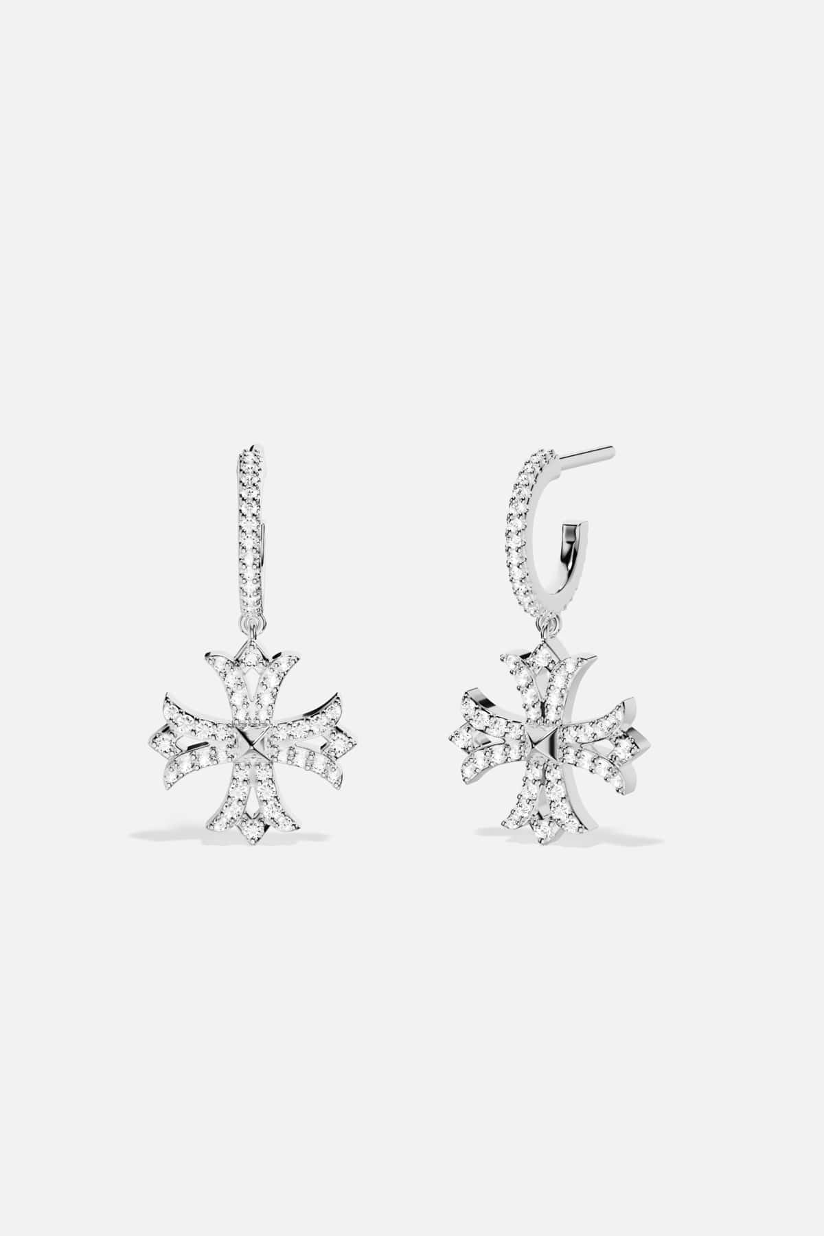 APM Earrings, a shimmering cross motif with rhodium finish, radiant and refined.