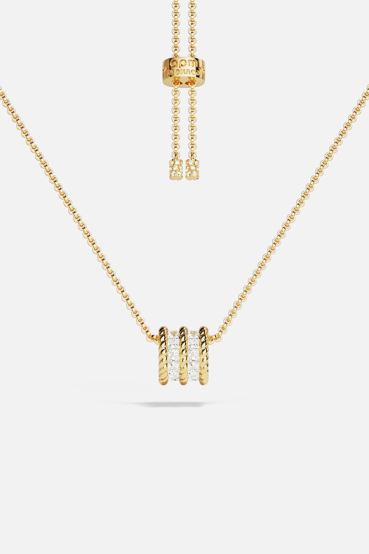 APM Necklace in golden hues, a luminous charm of effortless elegance.