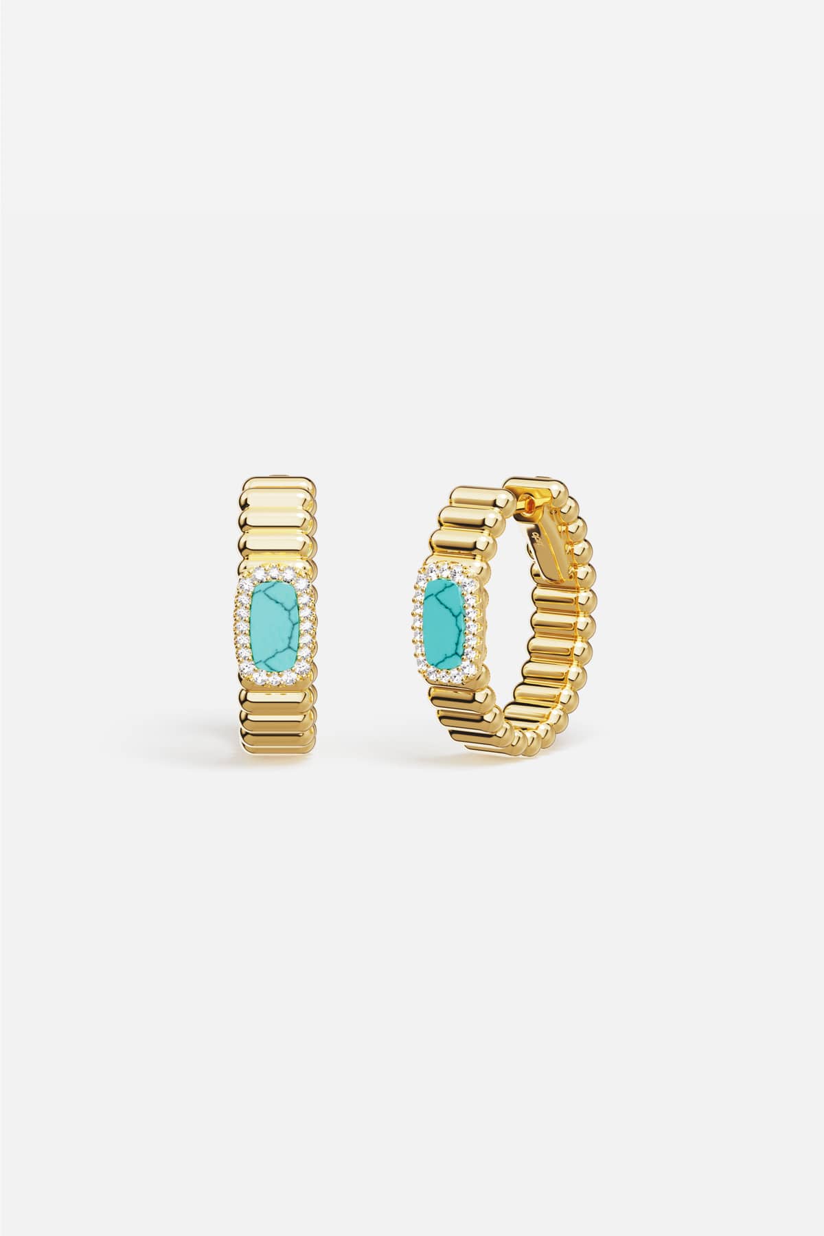 APM Hoop Earrings in gold color, turquoise centered, radiant and effortlessly chic.