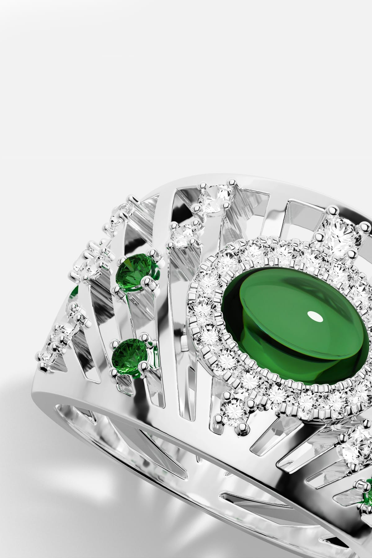 APM Ring in rhodium finish, radiant green glow with sparkling brilliance.