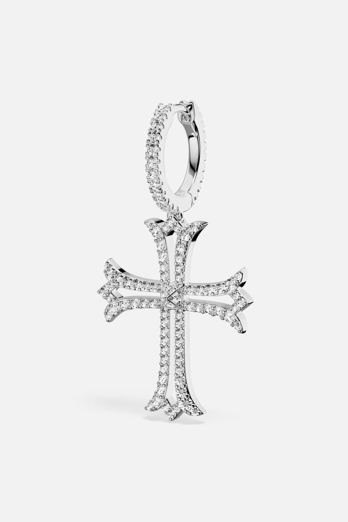 APM Cross Hoop Earring, a shimmering emblem of modern grace and quiet audacity.