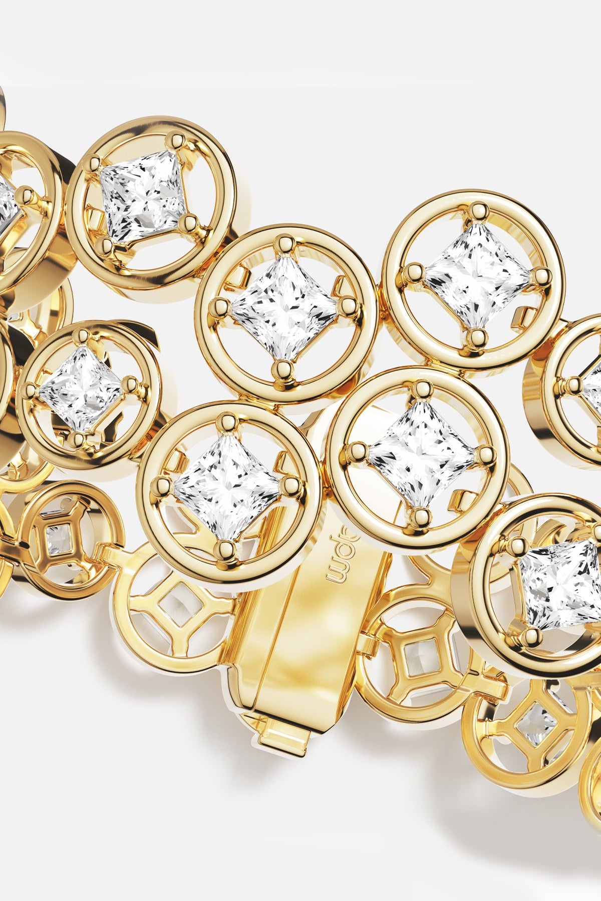 APM Monaco bracelet, golden circles and crystals shimmering with quiet radiance.