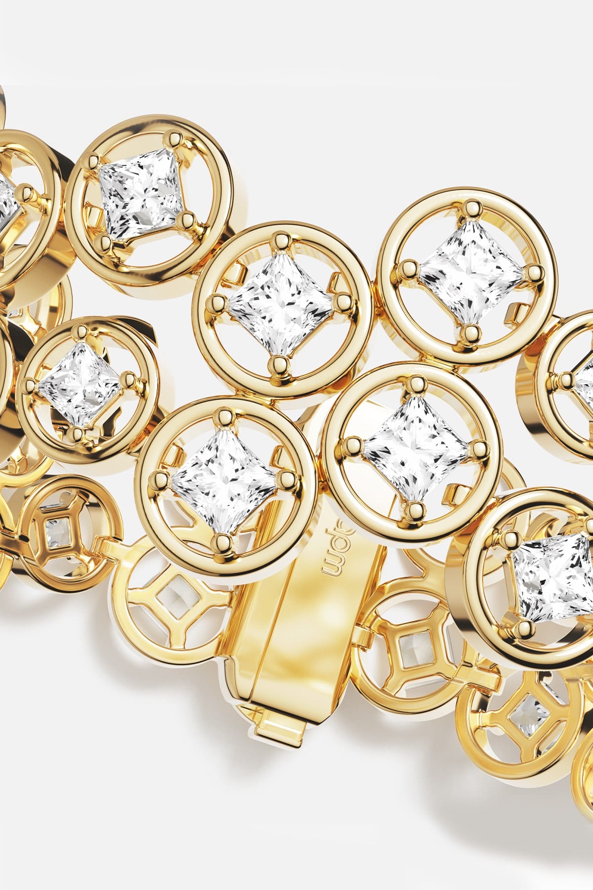 APM Monaco bracelet, golden circles and crystals shimmering with quiet radiance.