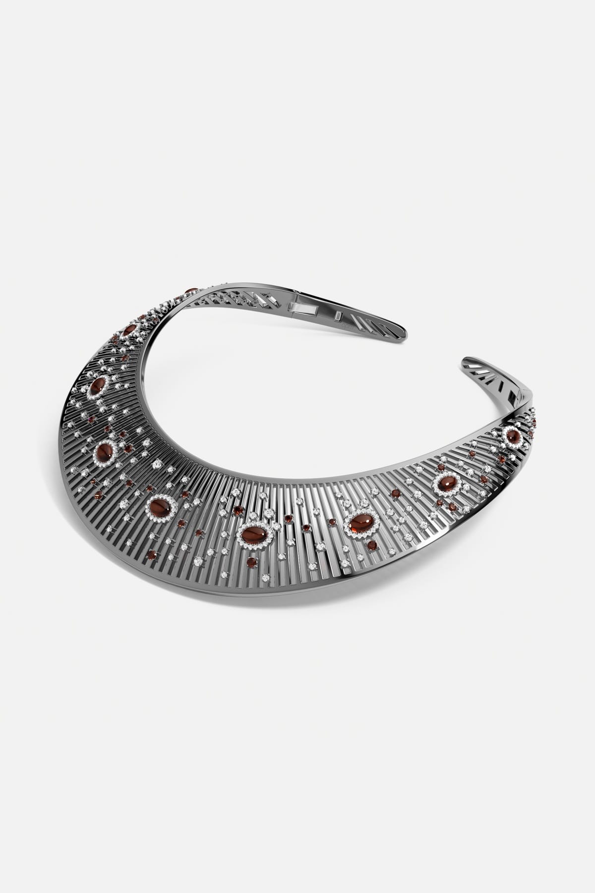 APM Collar Necklace in rhodium finish, a bold celestial statement glowing with deep amber hues.