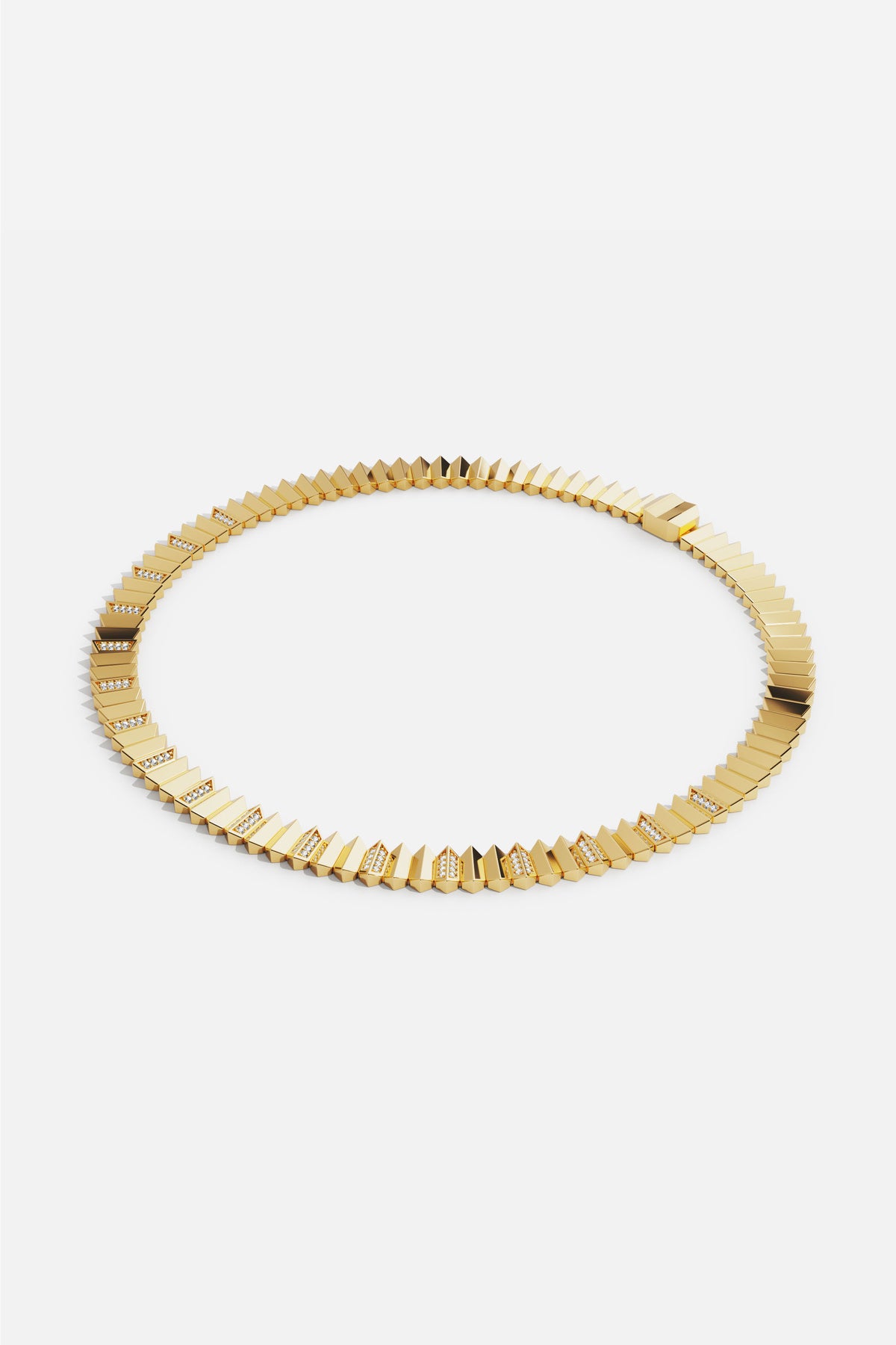 APM Necklace in golden hues, sharp geometry meets quiet radiance.