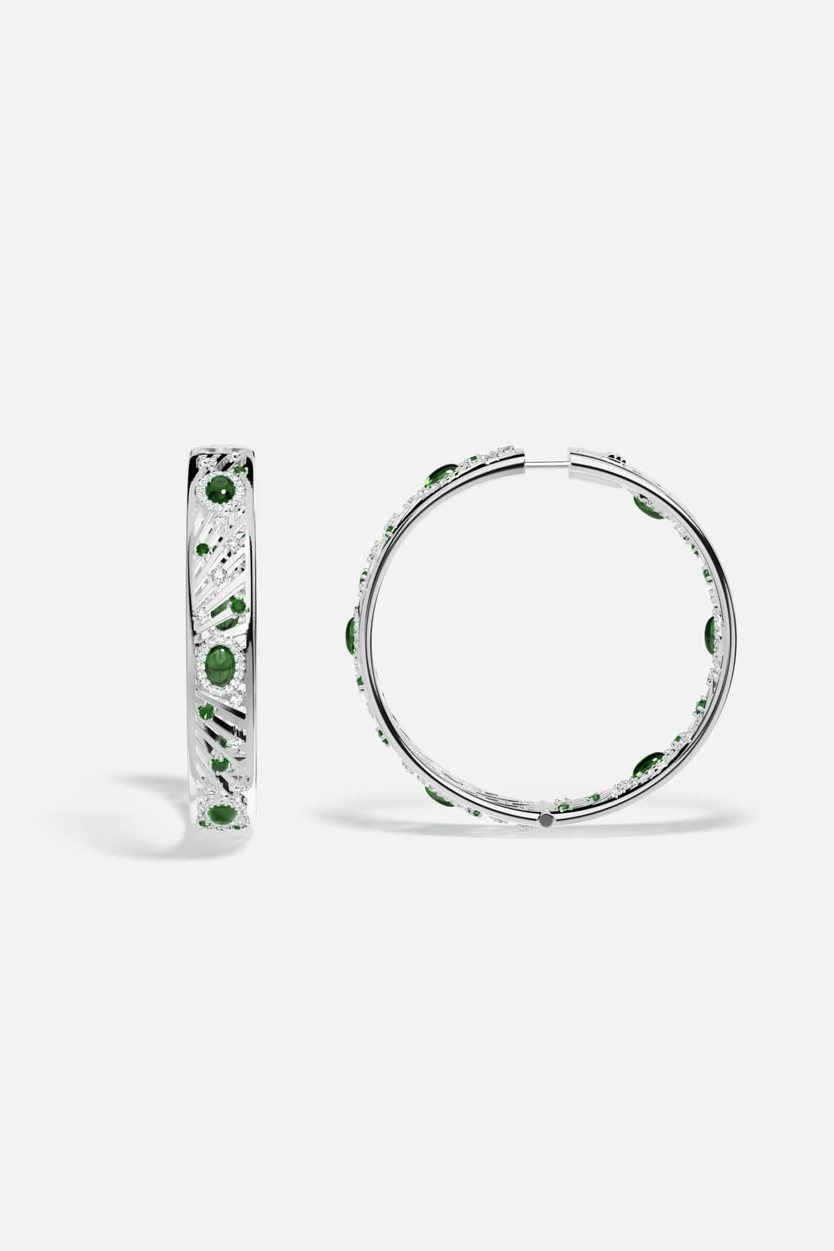 APM Hoop Earrings, radiant green accents and rhodium finish, effortlessly bold elegance.