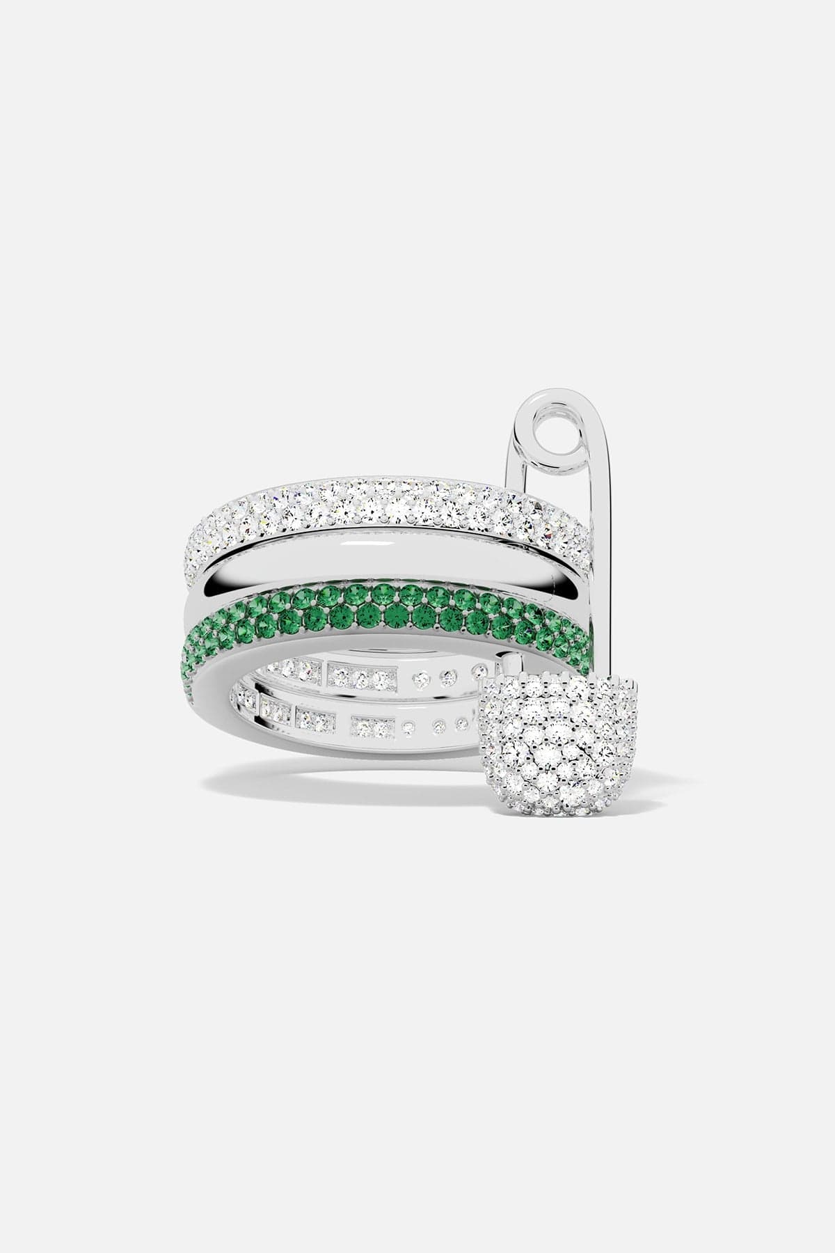 APM MONACO Silver ring with a silver pin and green stones on a white background