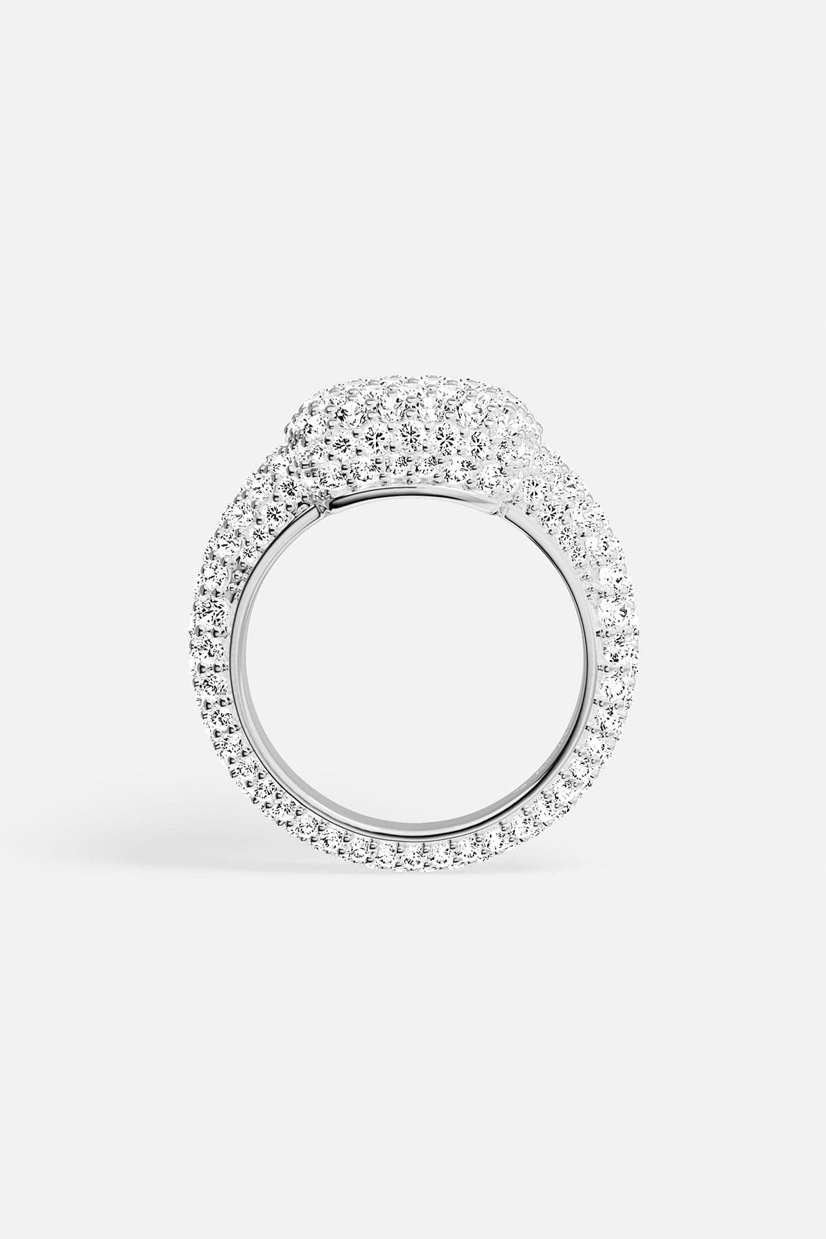 APM MONACO silver ring with circular design and embedded white stones on a white background