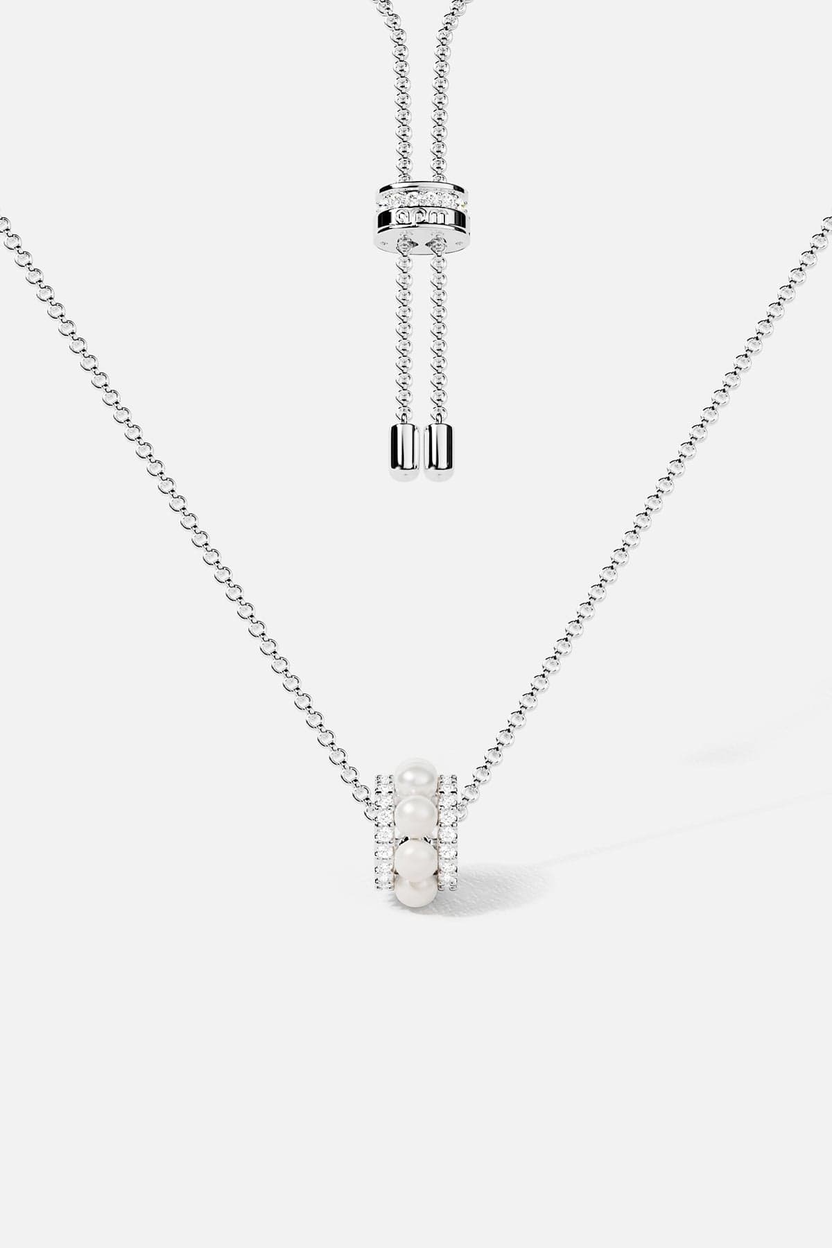 Necklaces APM Monaco: white pavé double-hoop necklace with pearls, adjustable length.
