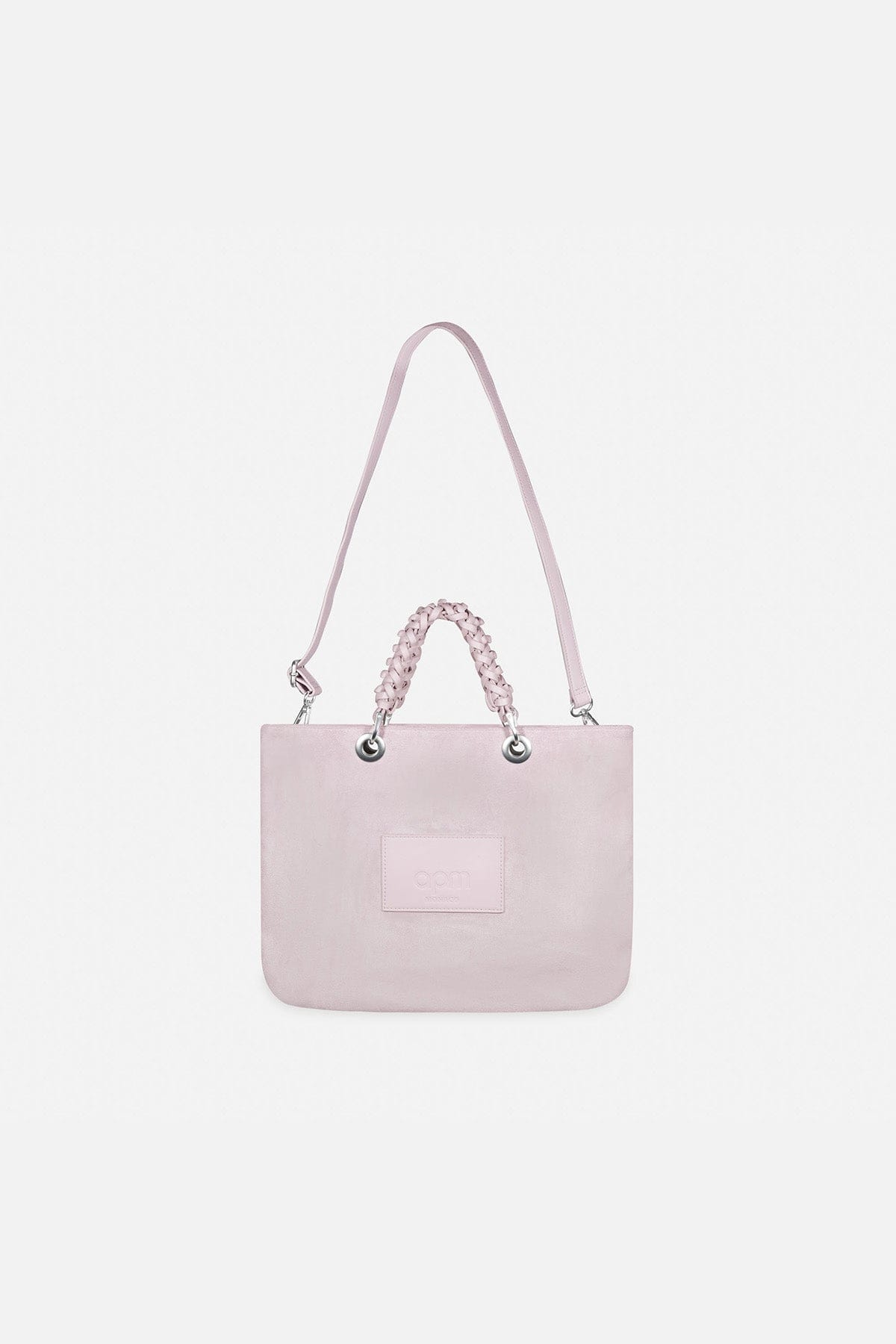 APM MONACO lavande handbag with a small square patch on a white background