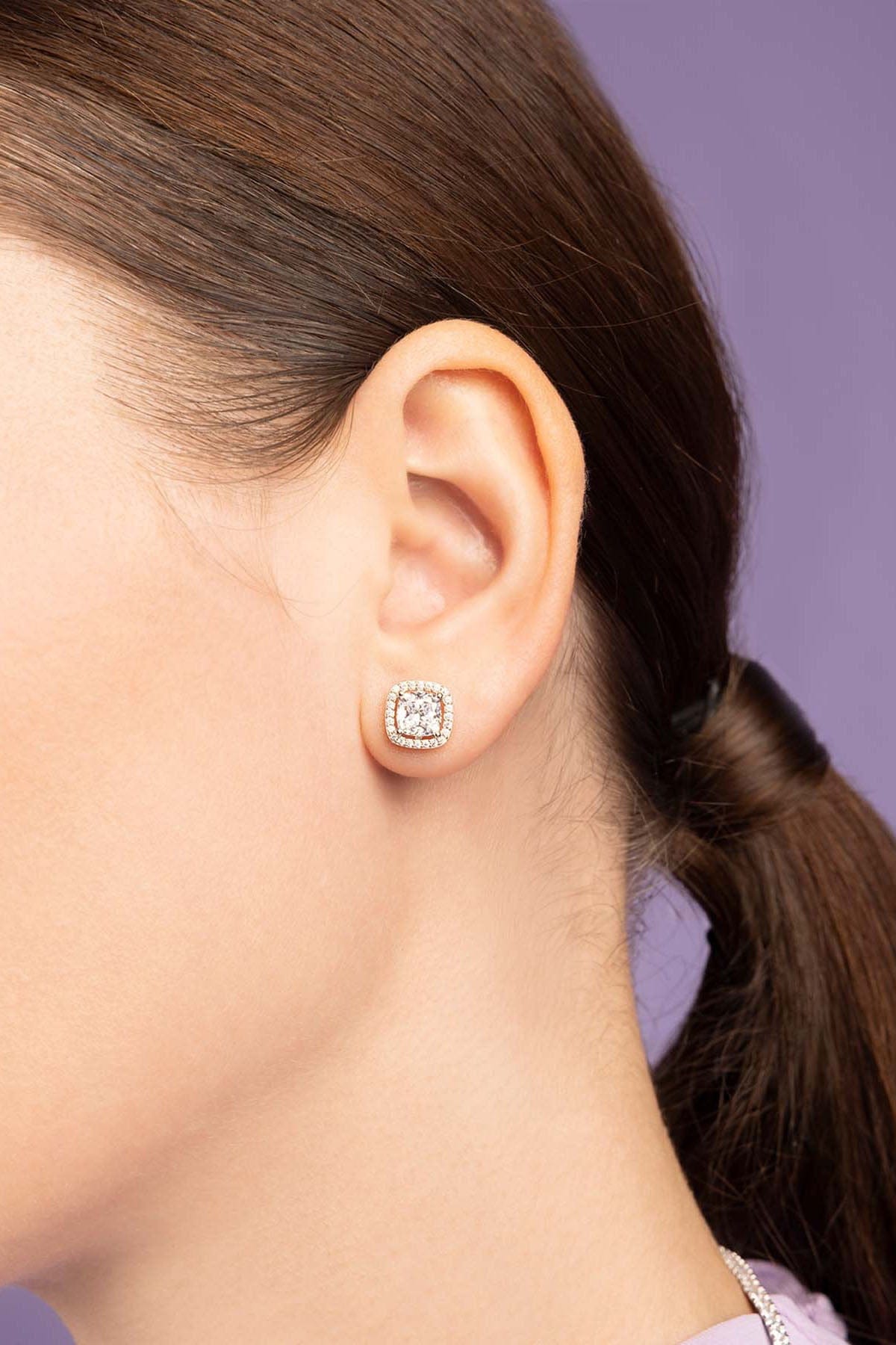 APM Monaco Square Pave stud Earring worn on model with lilac background