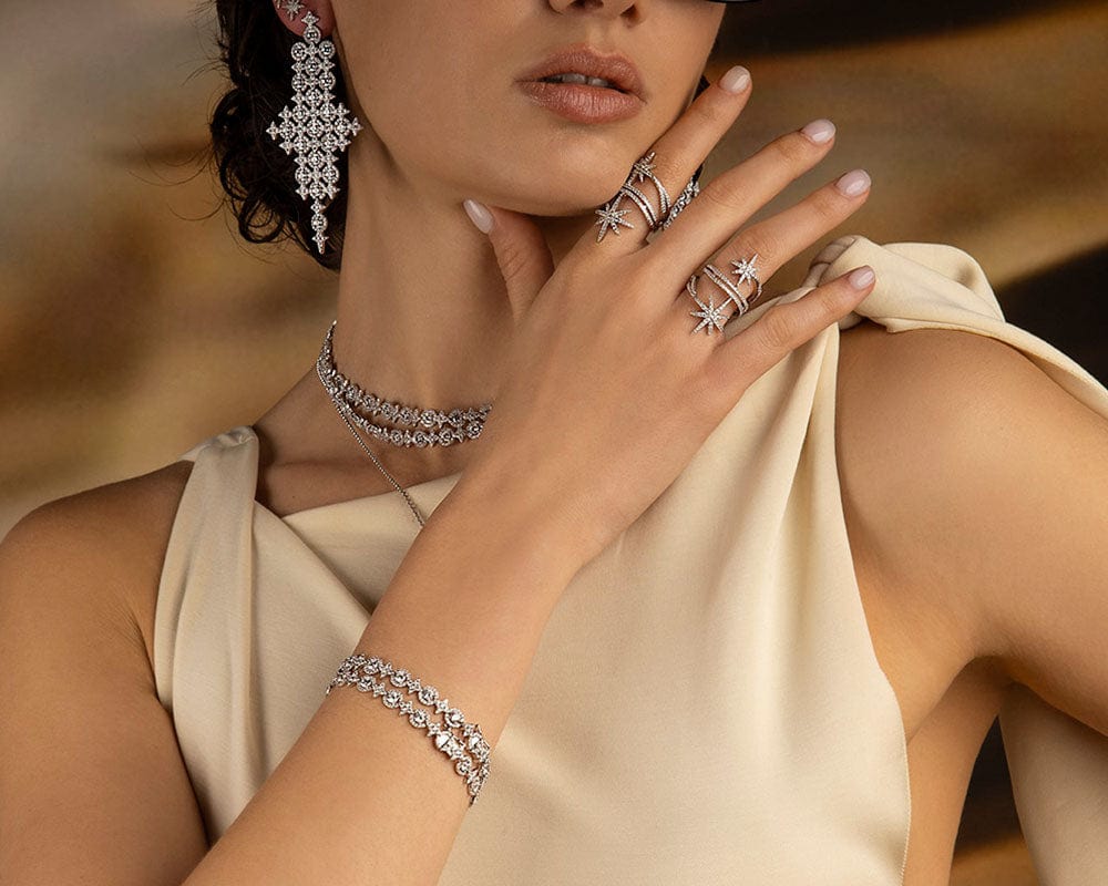 APM Monaco Collection Meteorites Triple Météorites Necklace and Pavé Statement Météorites Drop Earrings worn