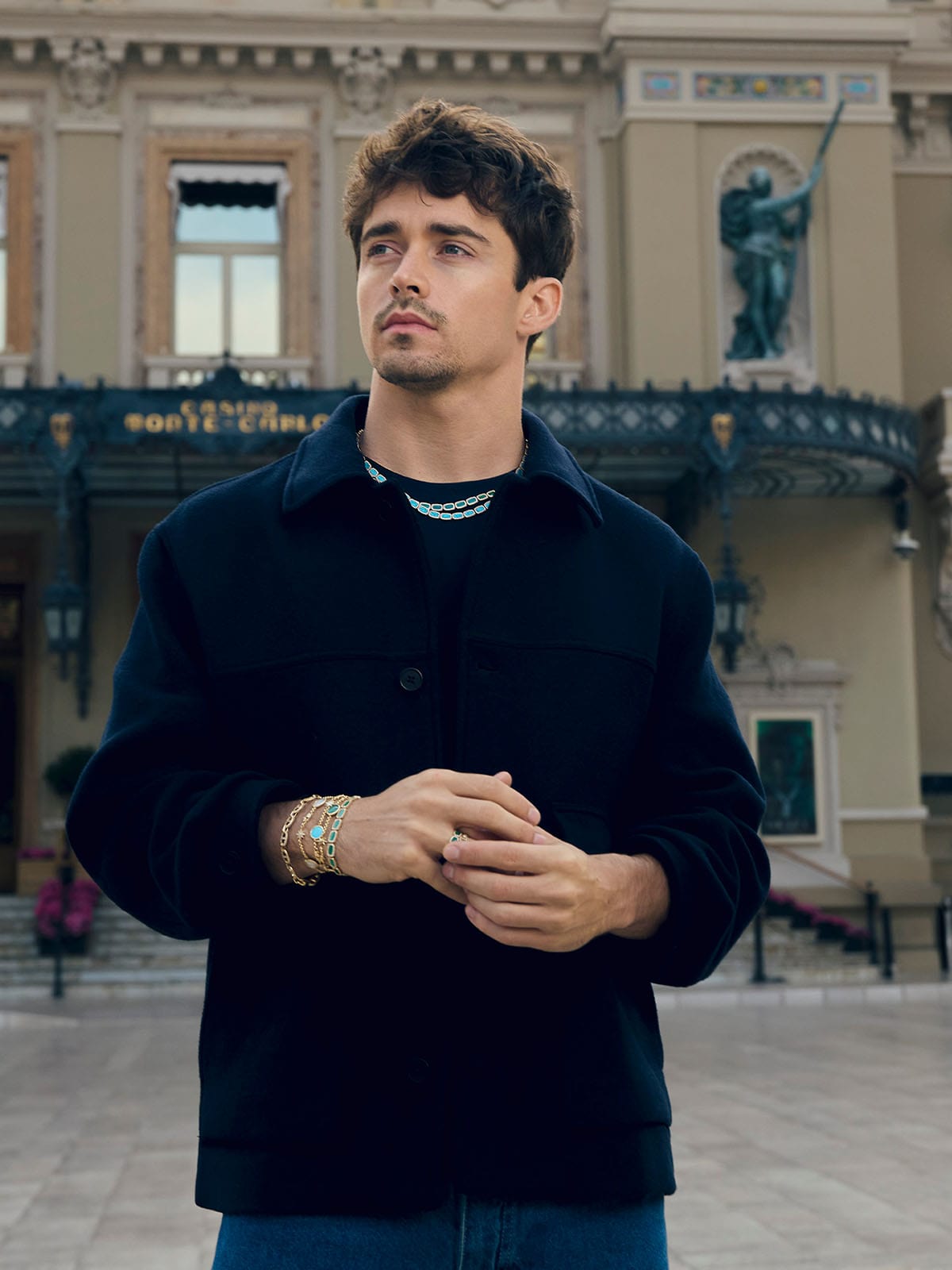 APM Monaco x Charles Lagoon wearing Malachite Choker and Bracelets outside the monte carlo casino