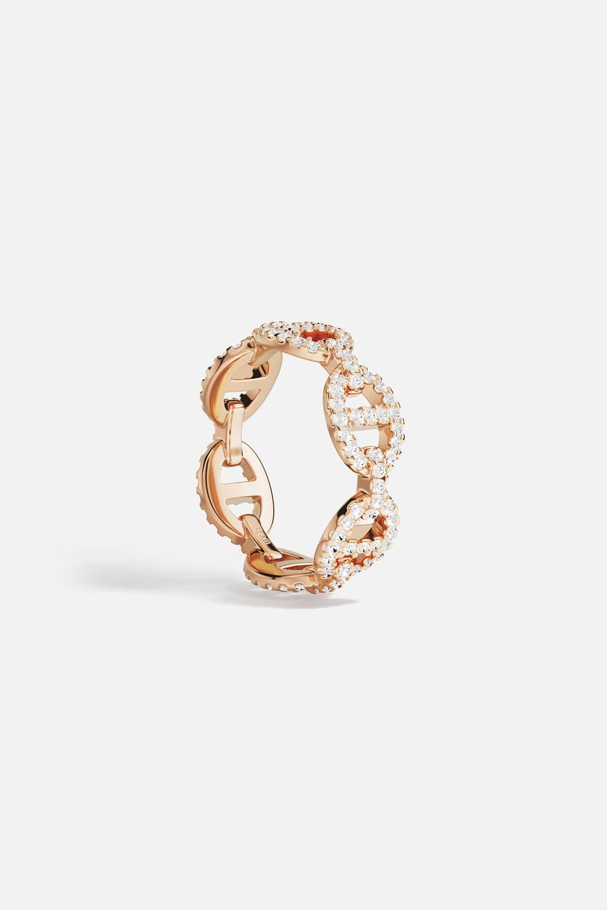 Rings APM Monaco rose gold maille marine ring with a distinctive linked chain design and pave white cubic zirconia.