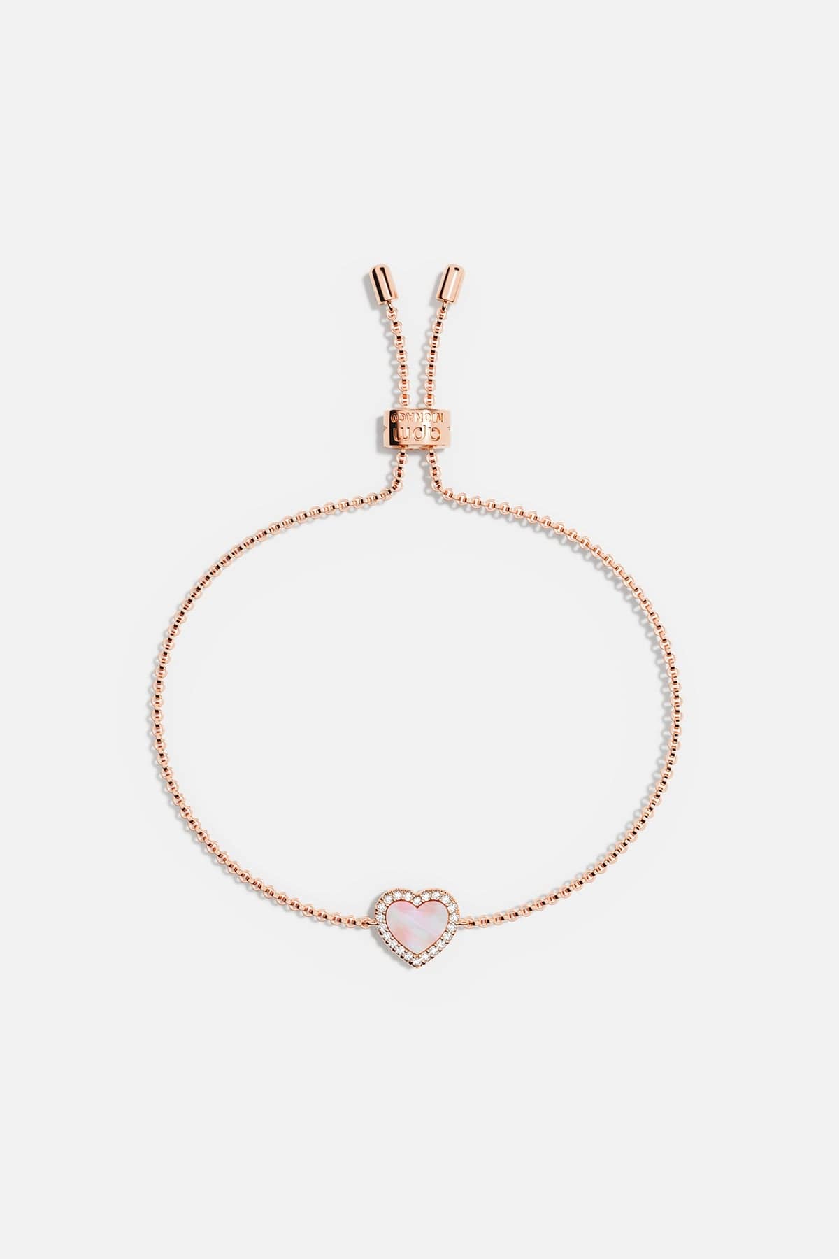 Bracelets APM Monaco rose gold adjustable bracelet with a heart pendant featuring a pink nacre center.
