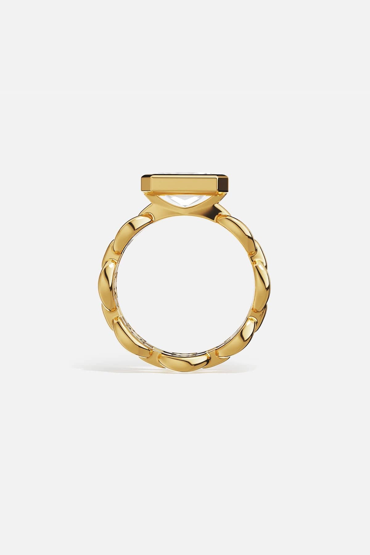 Rings APM Monaco yellow gold statement ring with a large square-cut white center stone surrounded by a pavé halo of smaller stones.