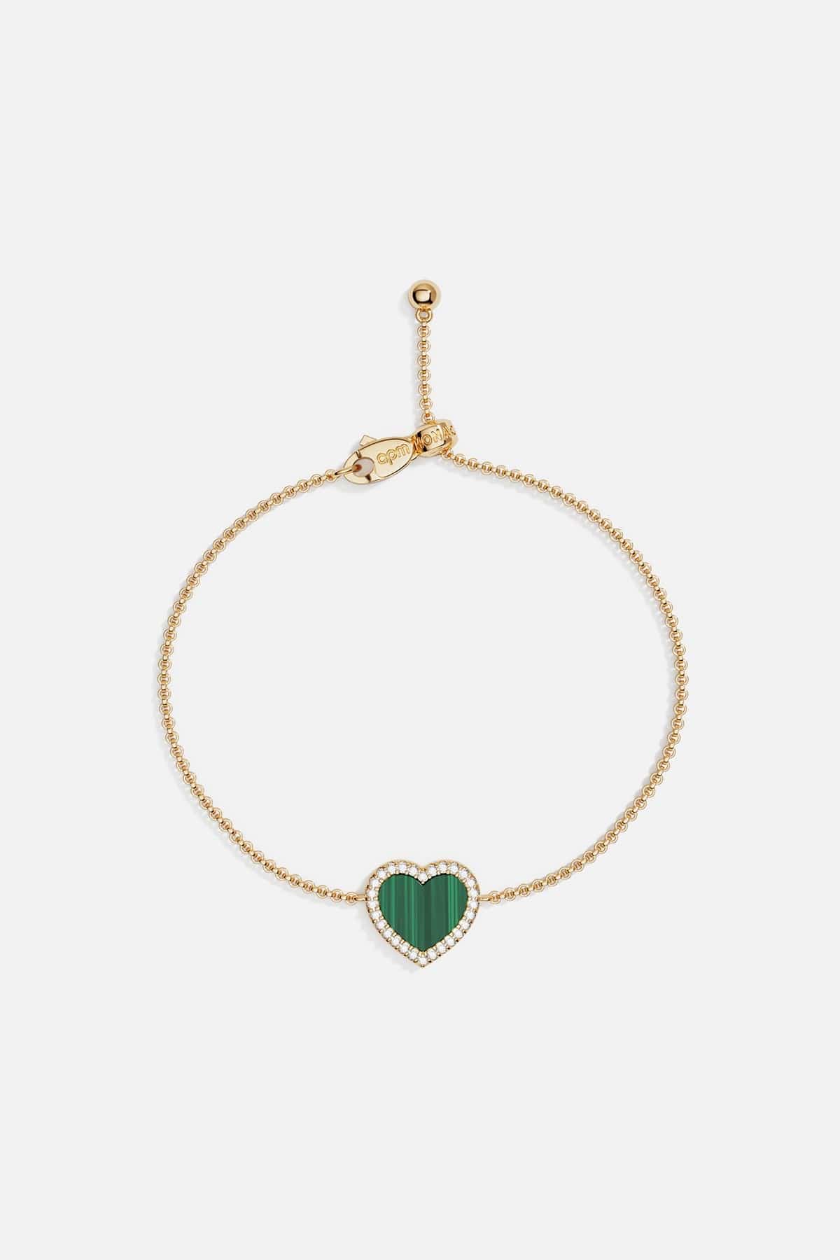 Bracelets APM Monaco: yellow gold beaded bracelet with a green malachite heart pendant outlined in diamonds, adjustable.