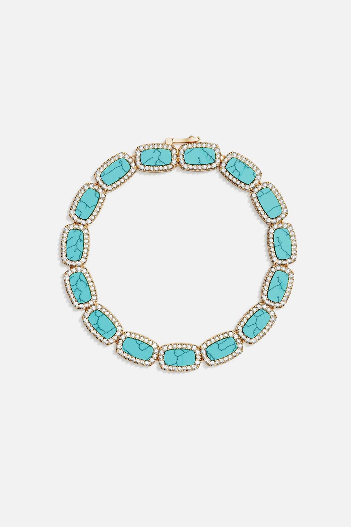 Bracelets APM Monaco, yellow-gold bracelet with lagoon turquoise stones and pavé diamonds along the links.