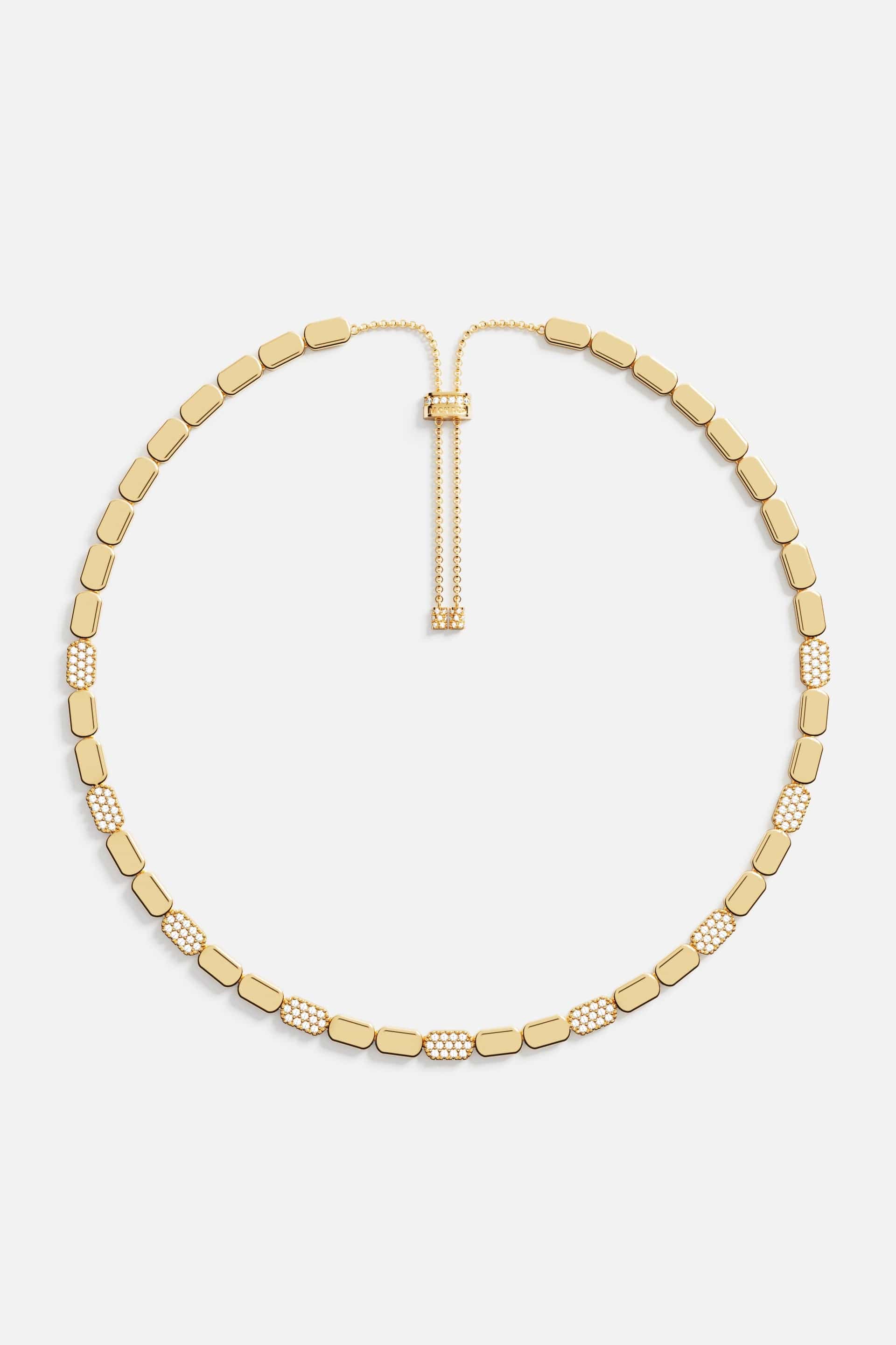 Necklaces APM Monaco: yellow gold dainty chain with rectangular links, some set with white stones, and an adjustable back chain.