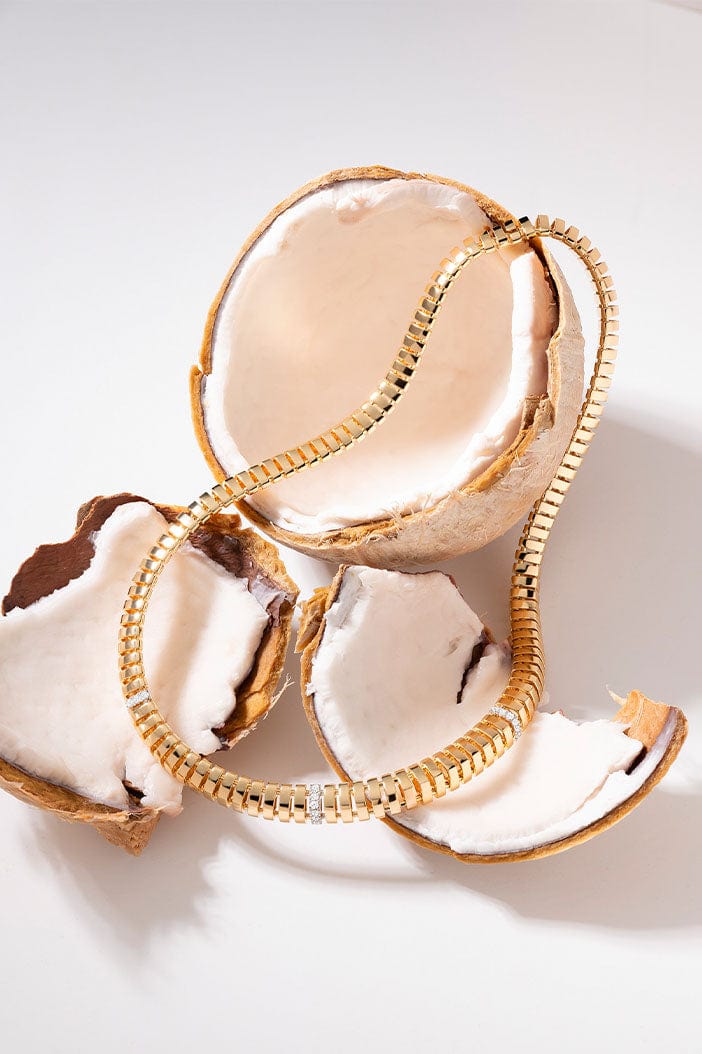 APM Monaco Rayon de Soleil Choker in Yellow Gold placed on coconut shell