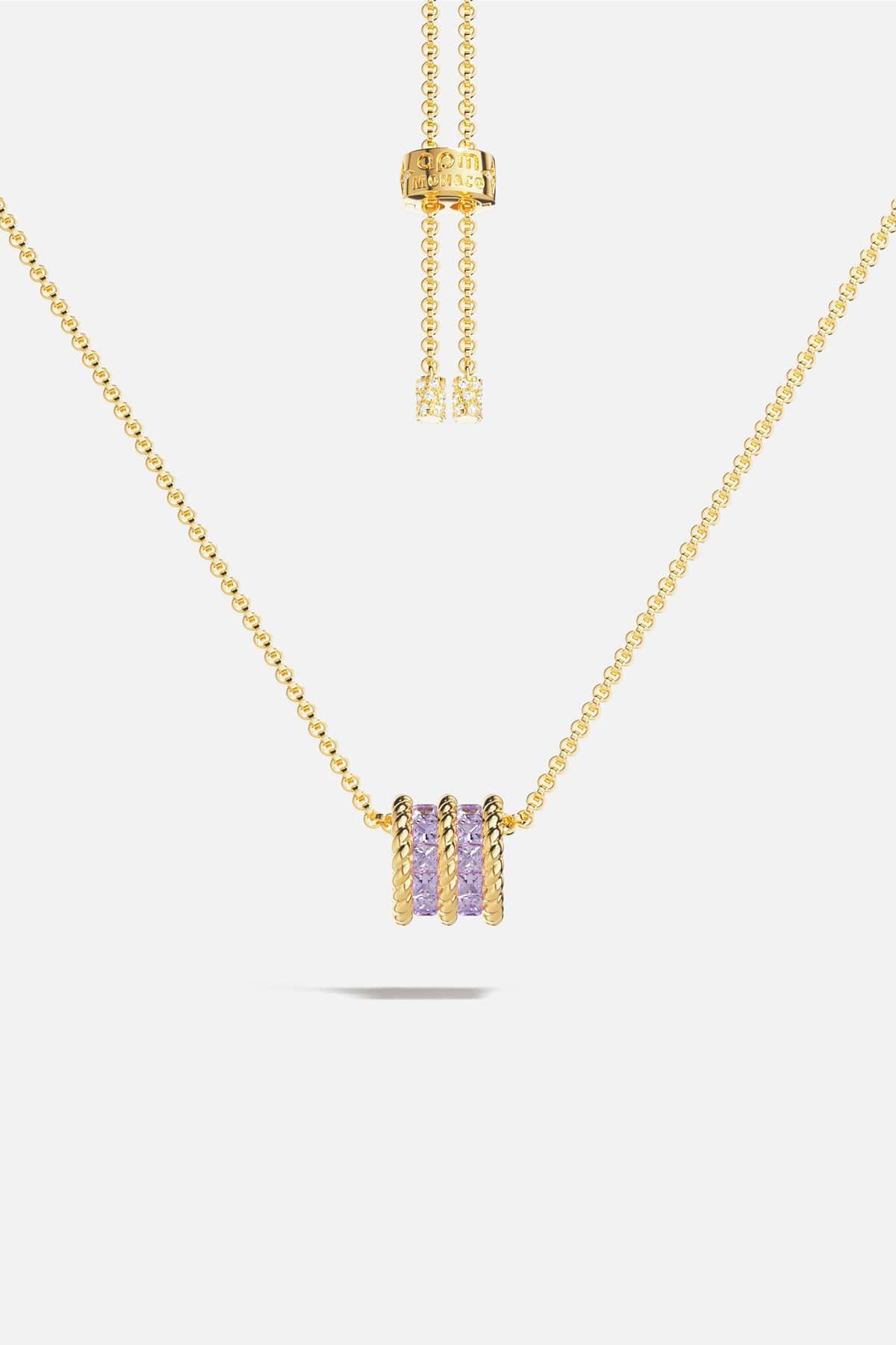 APM MONACO lilac torsade adjustable necklace in yellow gold on white background