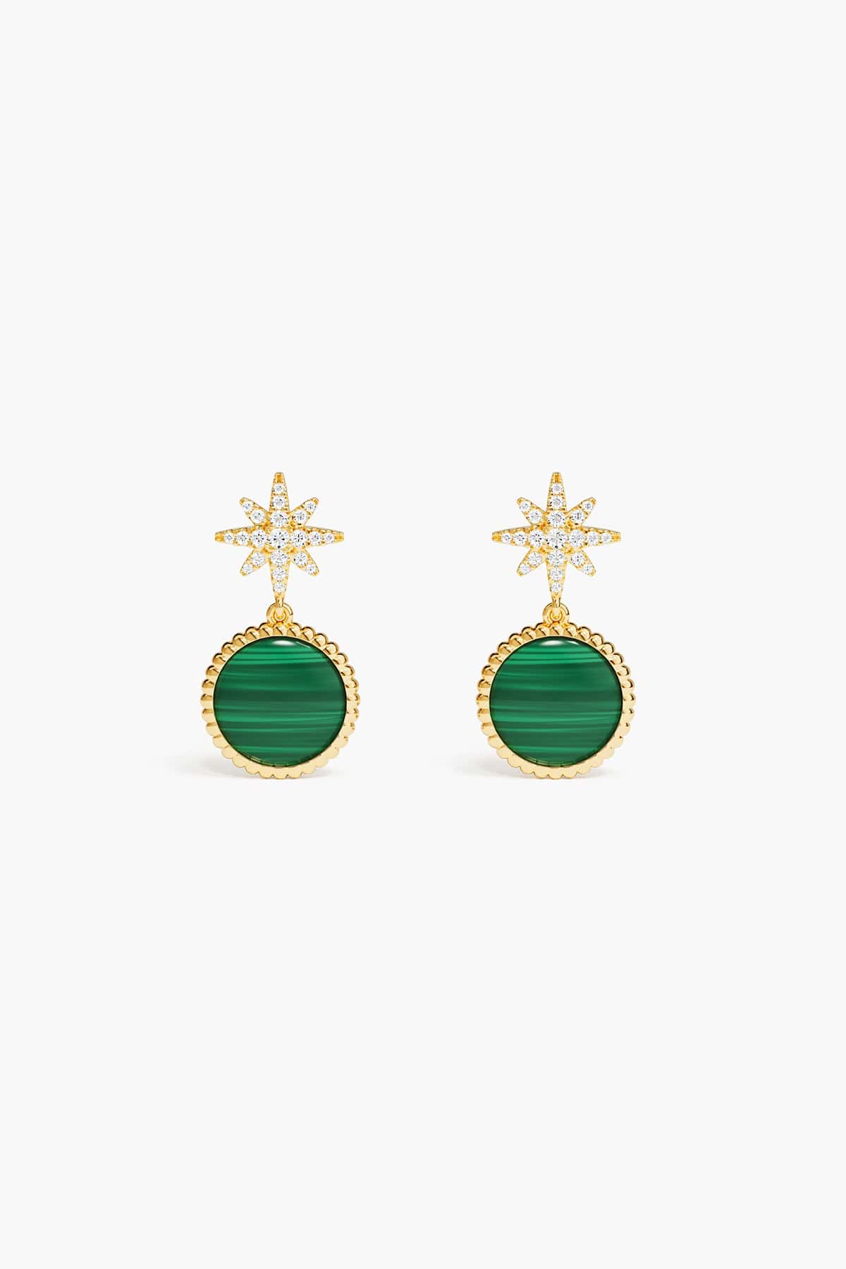 Gold earrings with green circular stones on a white background