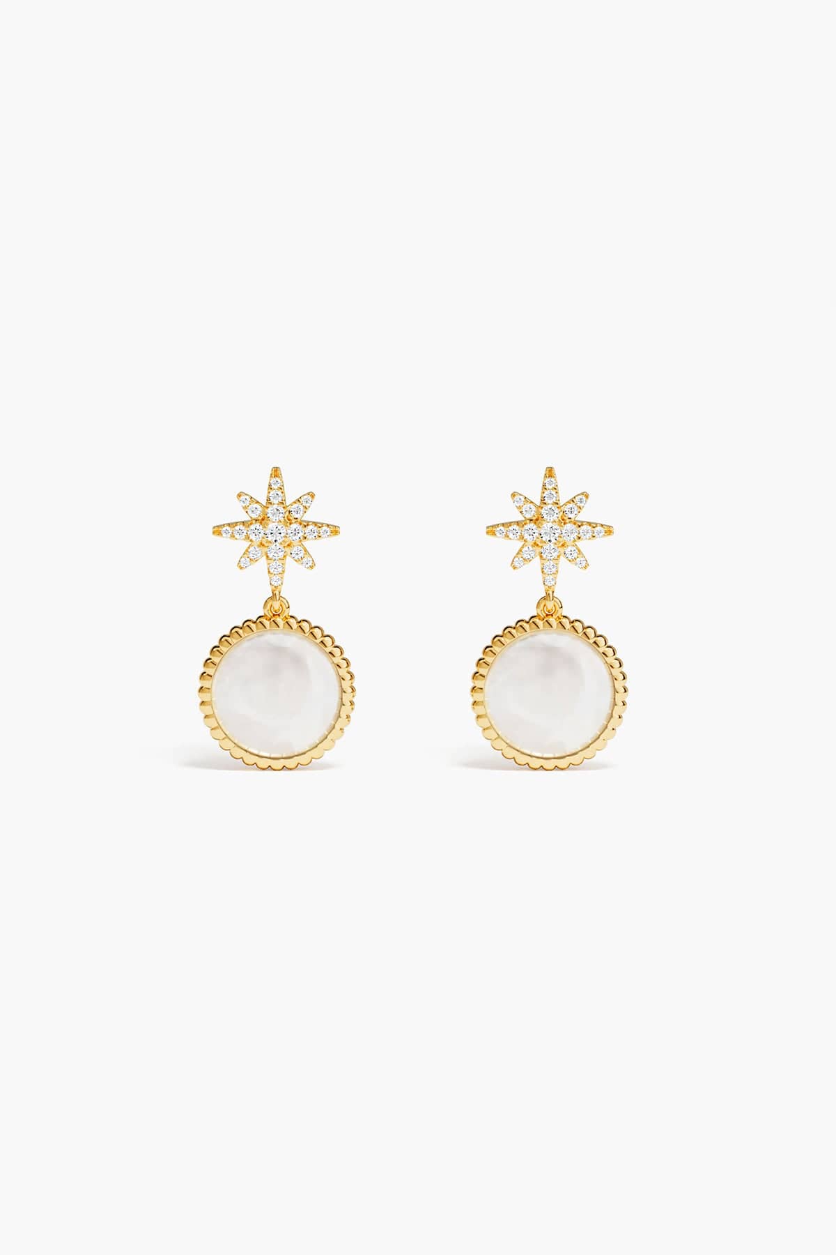 Gold earrings with star-shaped tops and white round stones on a white background