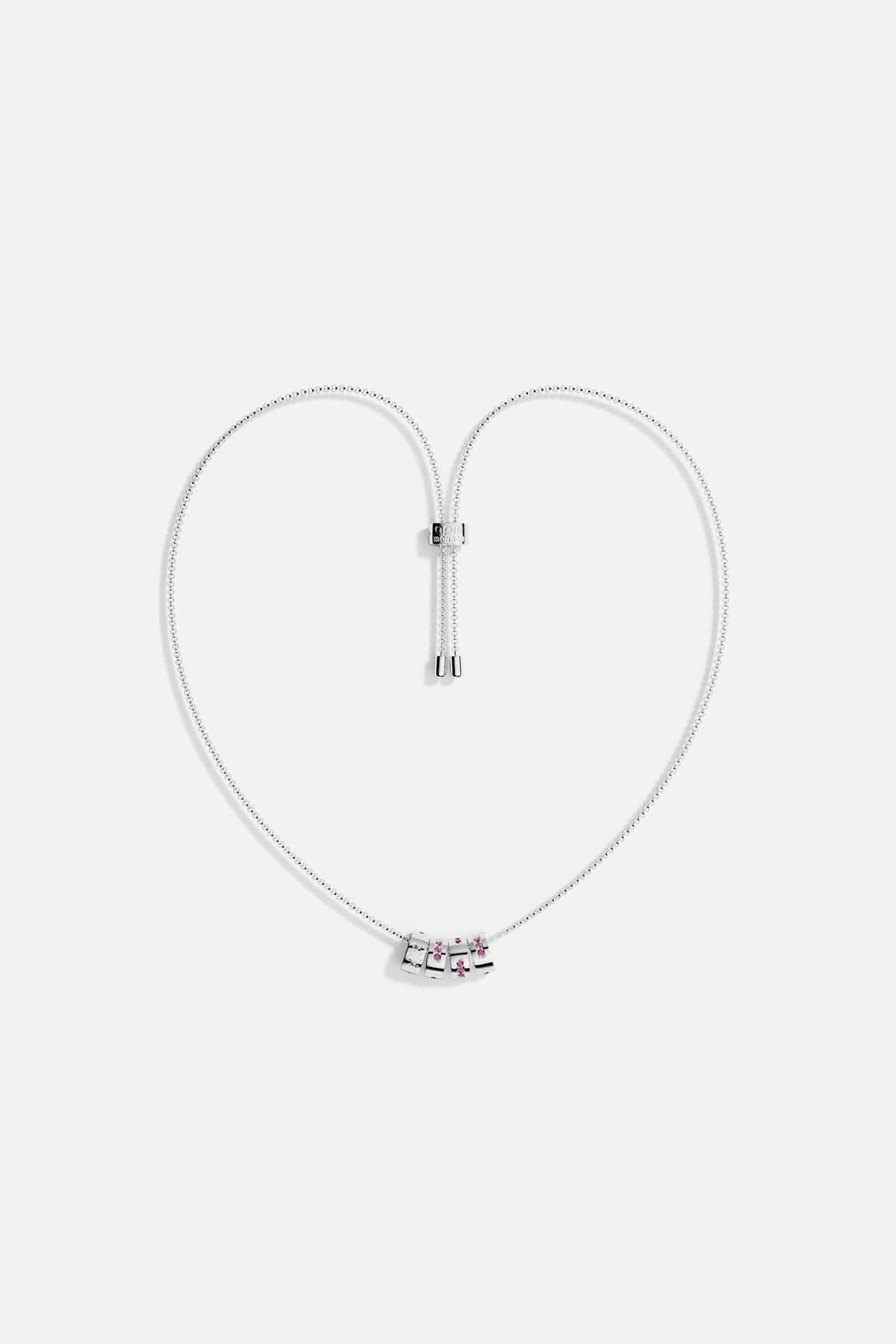 Silver necklace with a small pendant on a white background