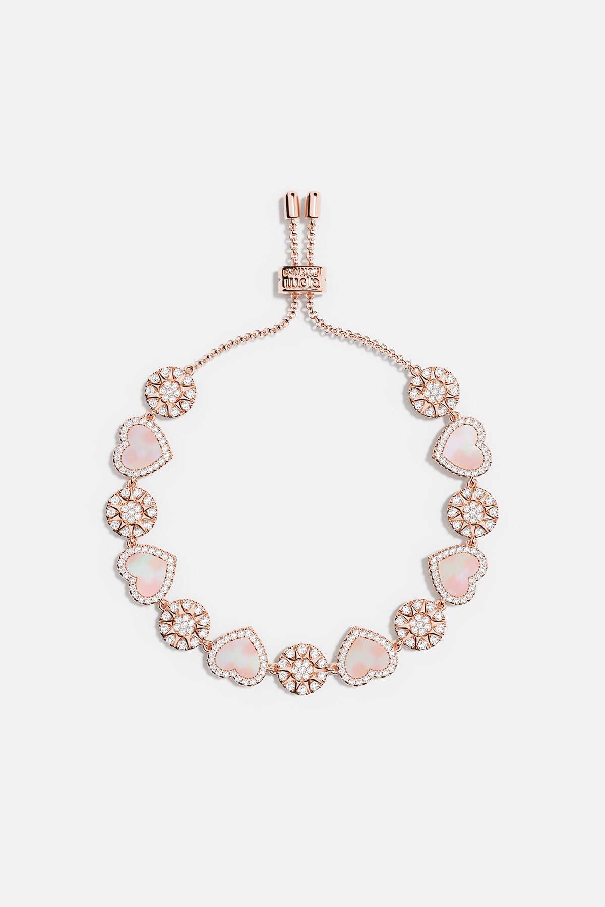 APM Bracelet in rose gold rhodium finish, hearts and blooms whispering pure romance.