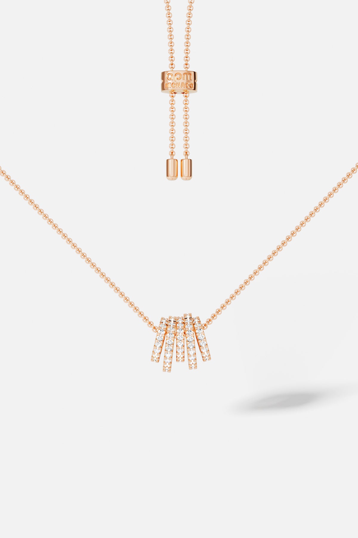 APM adjustable necklace in rose color, a shimmering cascade of effortless elegance.