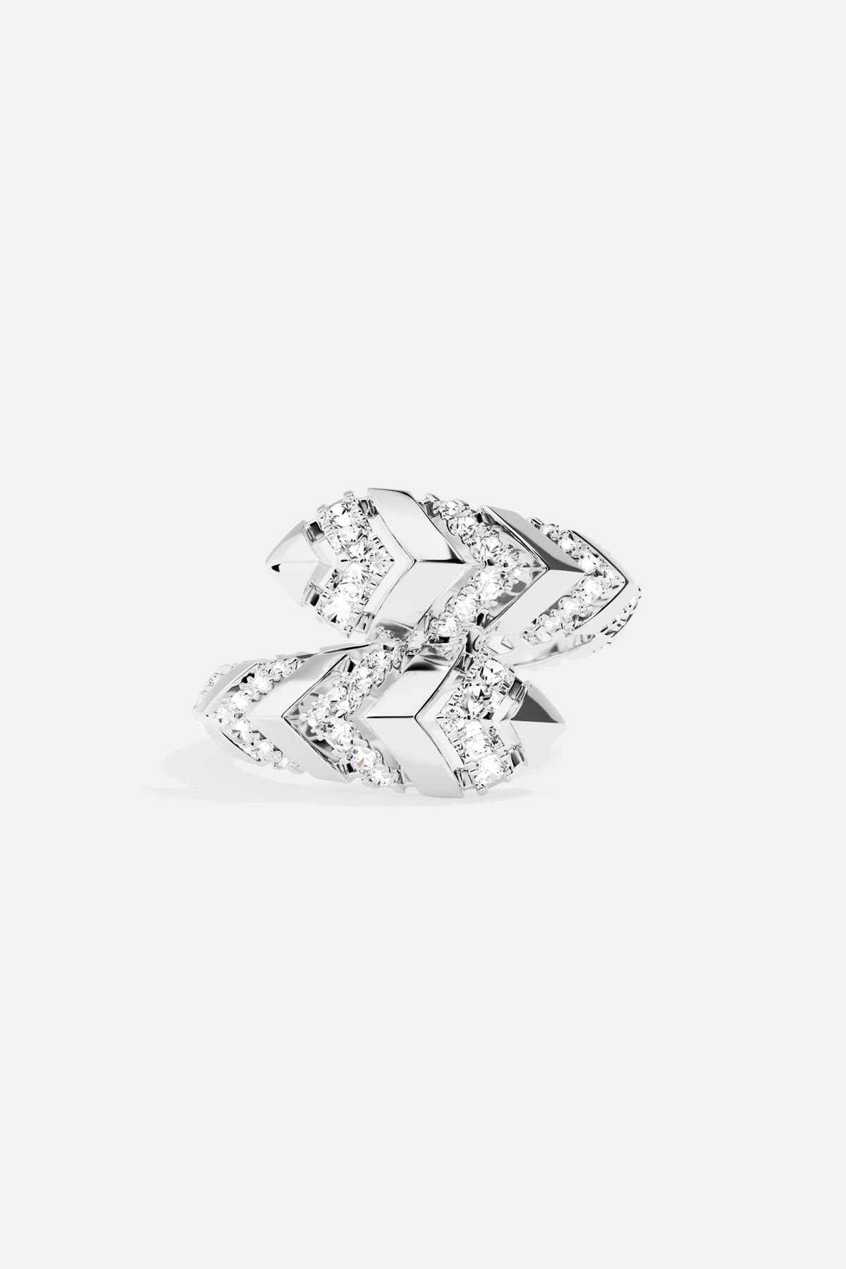 APM Morse Ring, a sparkling chevron embrace in luminous rhodium finish.