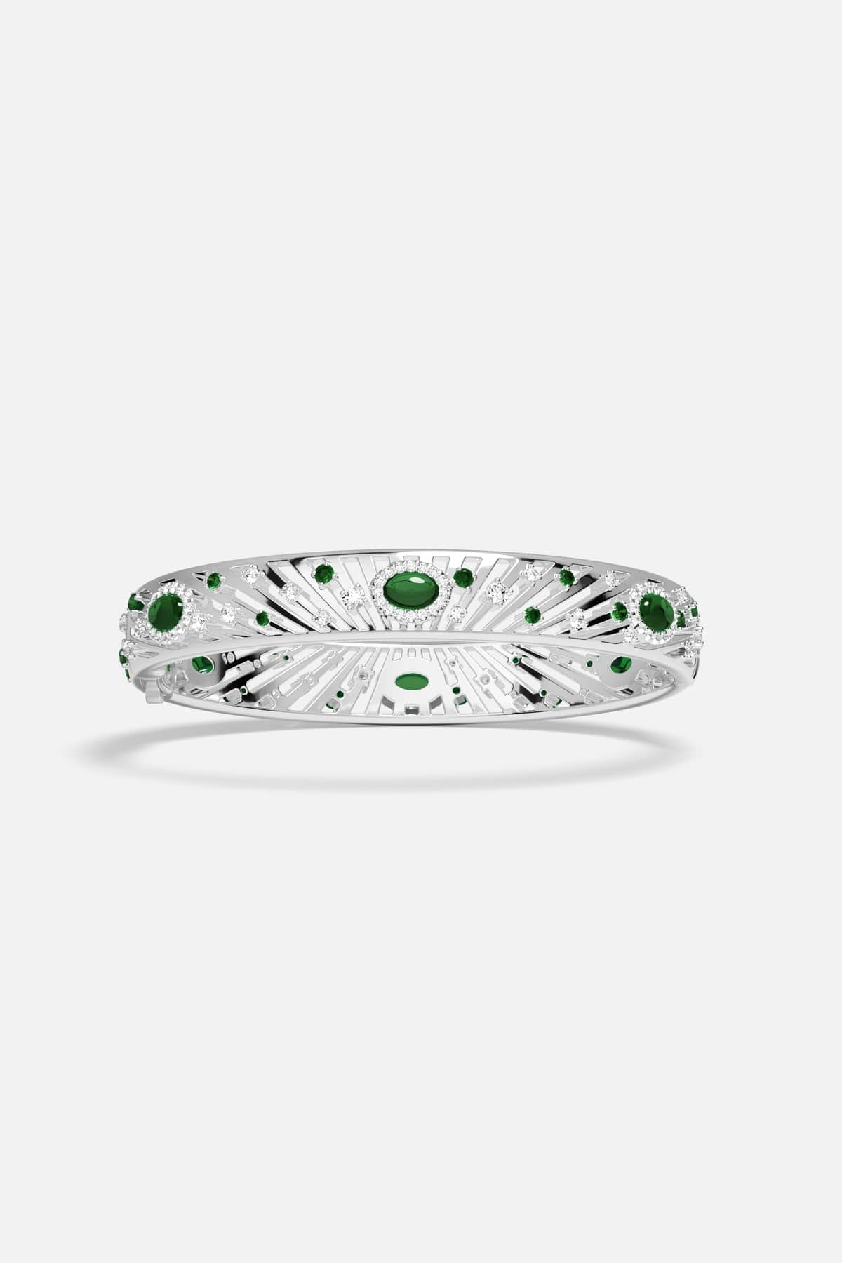 APM Bangle in rhodium finish, radiant with deep green hues and luminous sparkle.