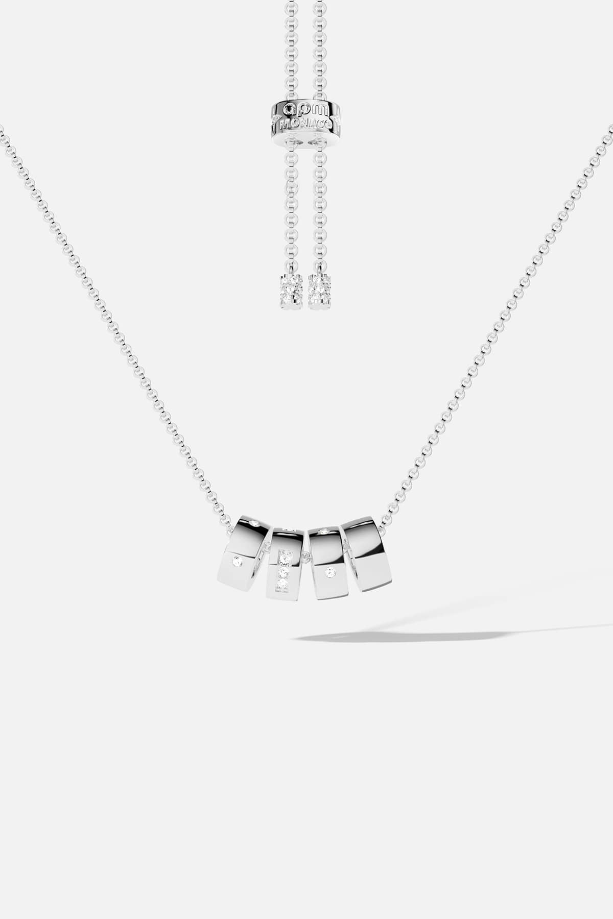 APM Necklace with sliding charms, a rhodium finish glow of effortless modernity.