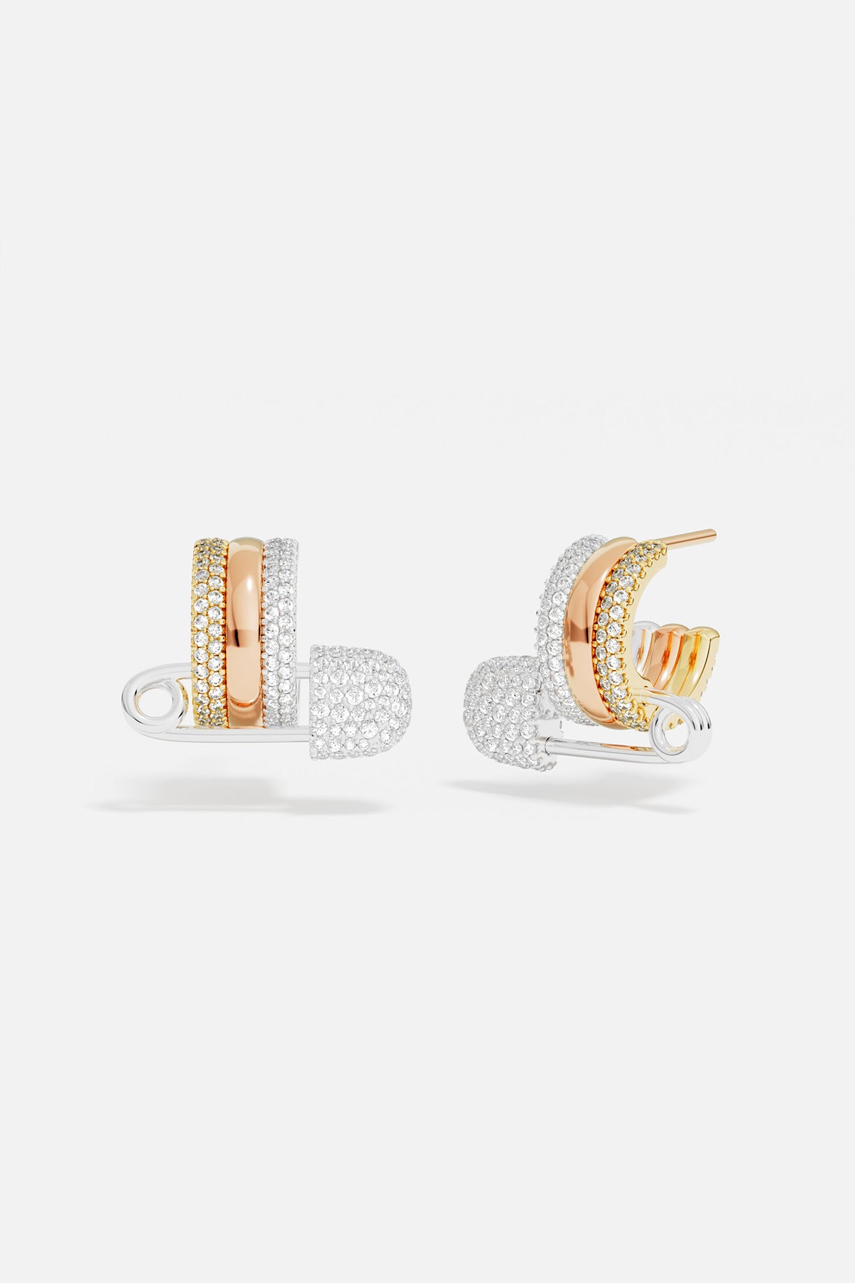 APM Earrings, a playful safety pin twist in dazzling tri-color brilliance.