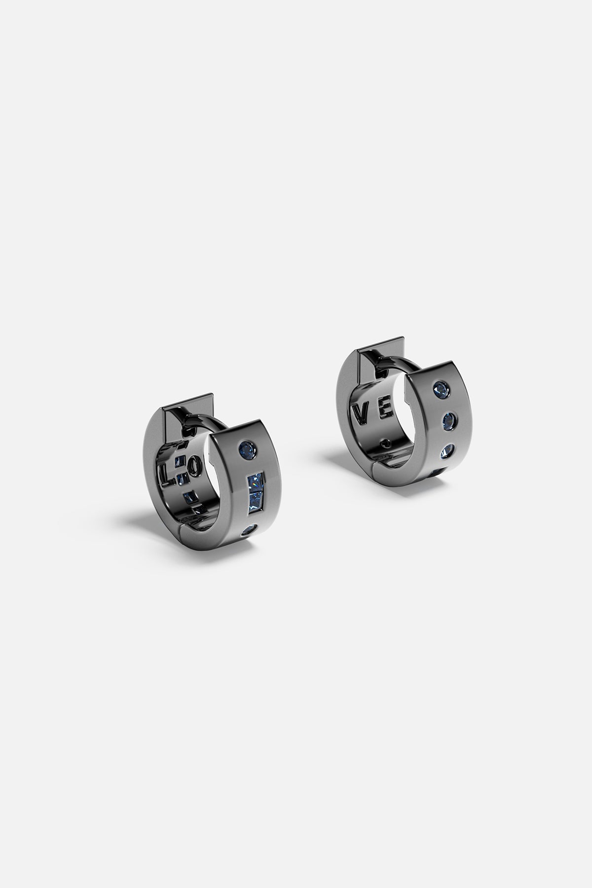 APM Hoop Earrings in dark rhodium finish, bold LOVE statement with midnight blue accents.