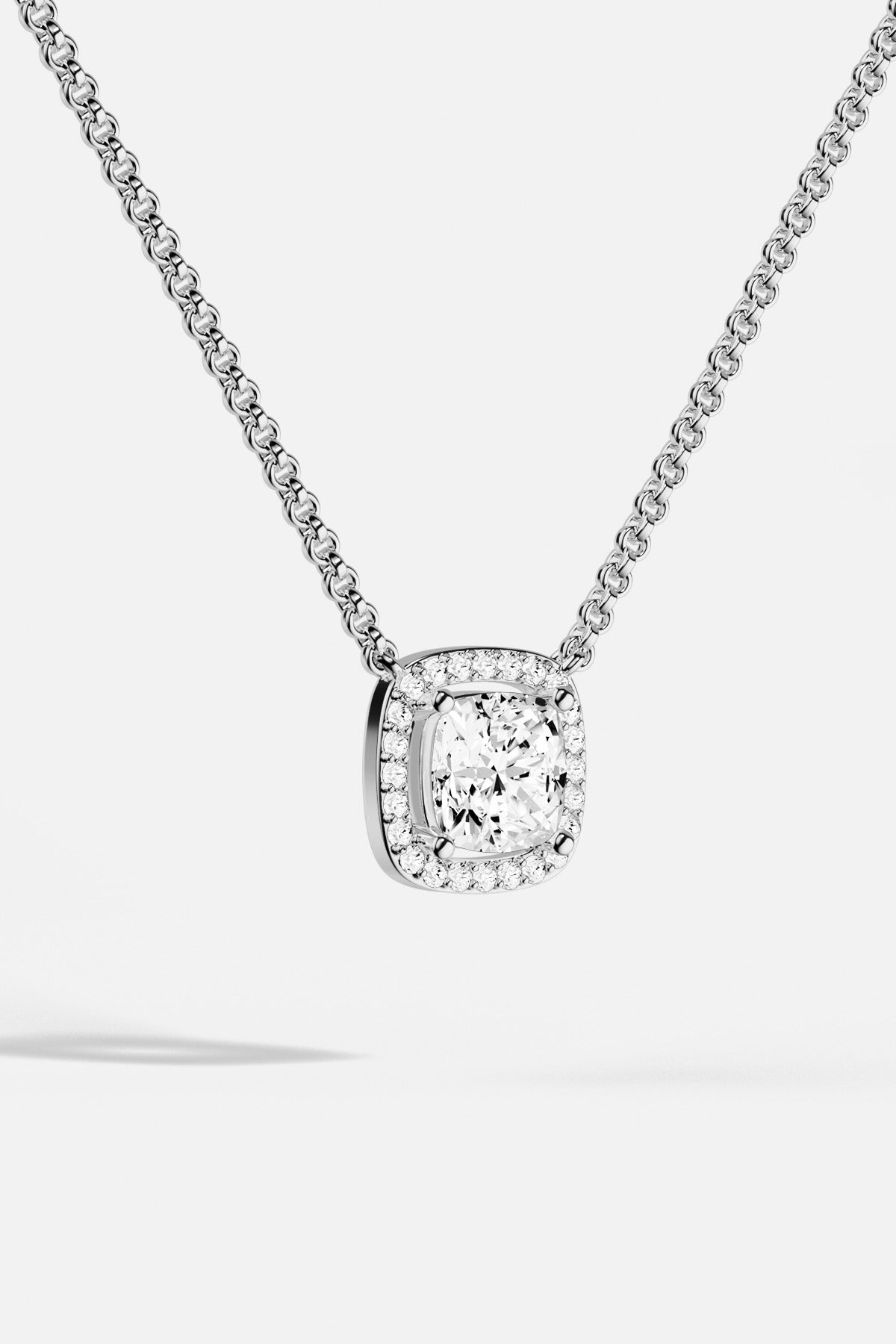 APM Necklace with a luminous cushion stone, quiet brilliance in rhodium finish.