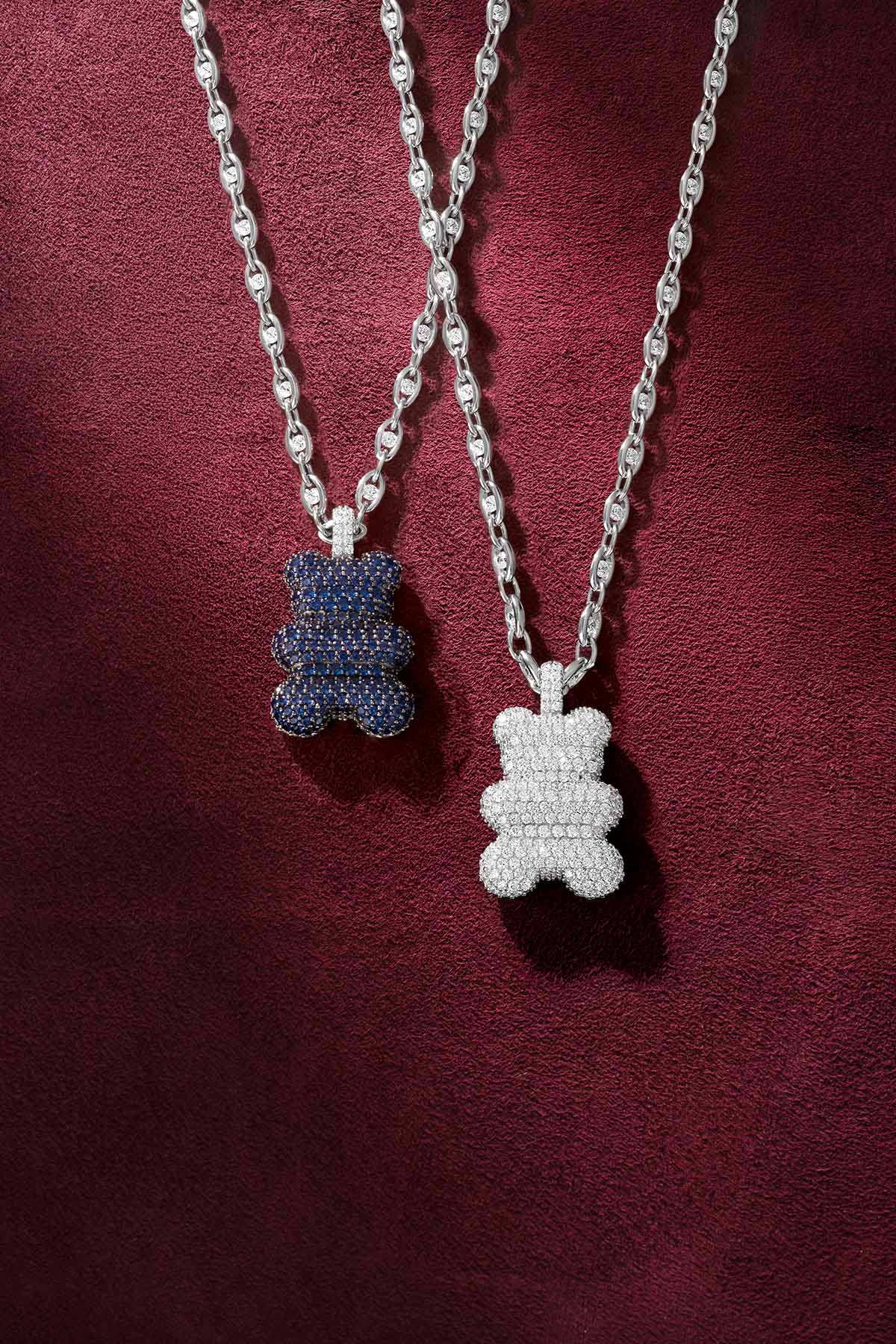 APM Bear Pendant Necklaces in blue and white, playful charm meets contemporary elegance.