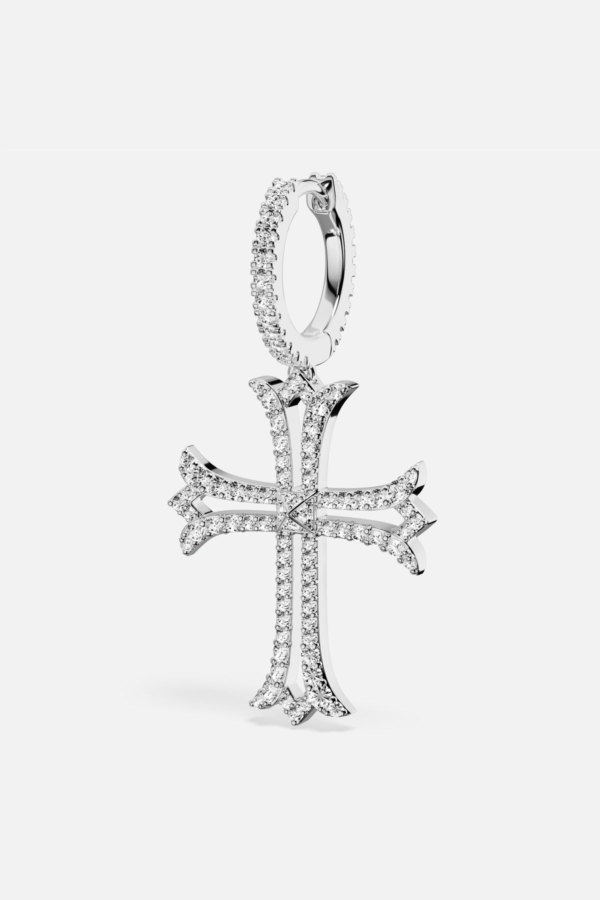 APM Cross Hoop Earring, a shimmering emblem of modern grace and quiet audacity.