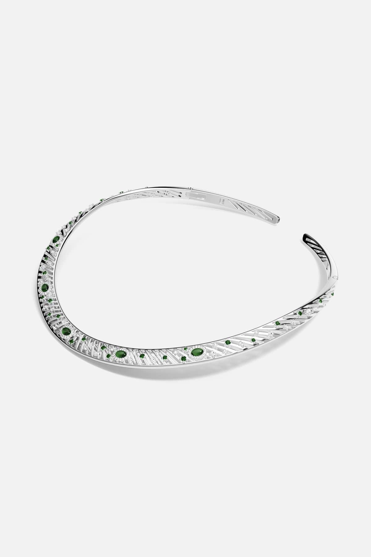 APM Choker Necklace, a sculptural curve scattered with green stones, effortlessly modern.