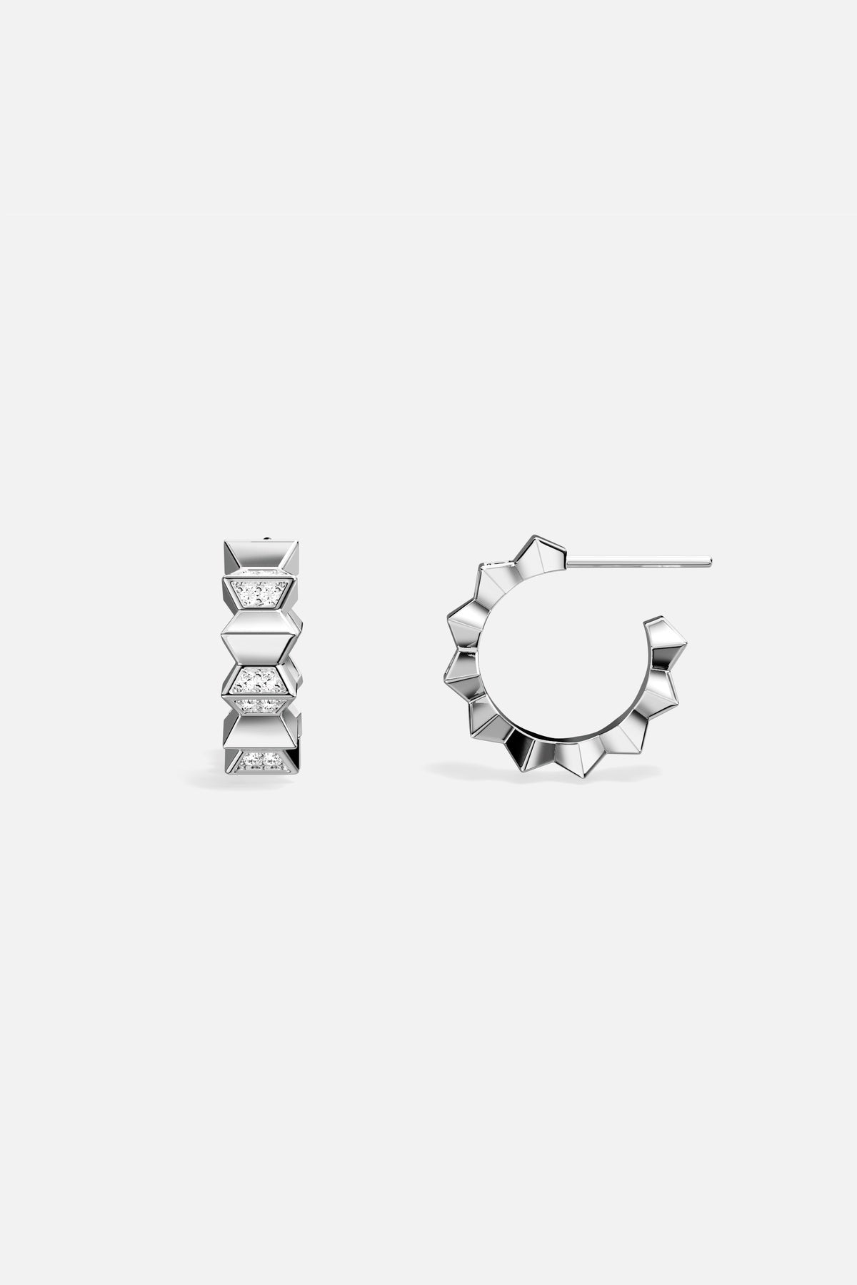 APM Hoop Earrings with a bold spiked edge, sparkling in rhodium finish.