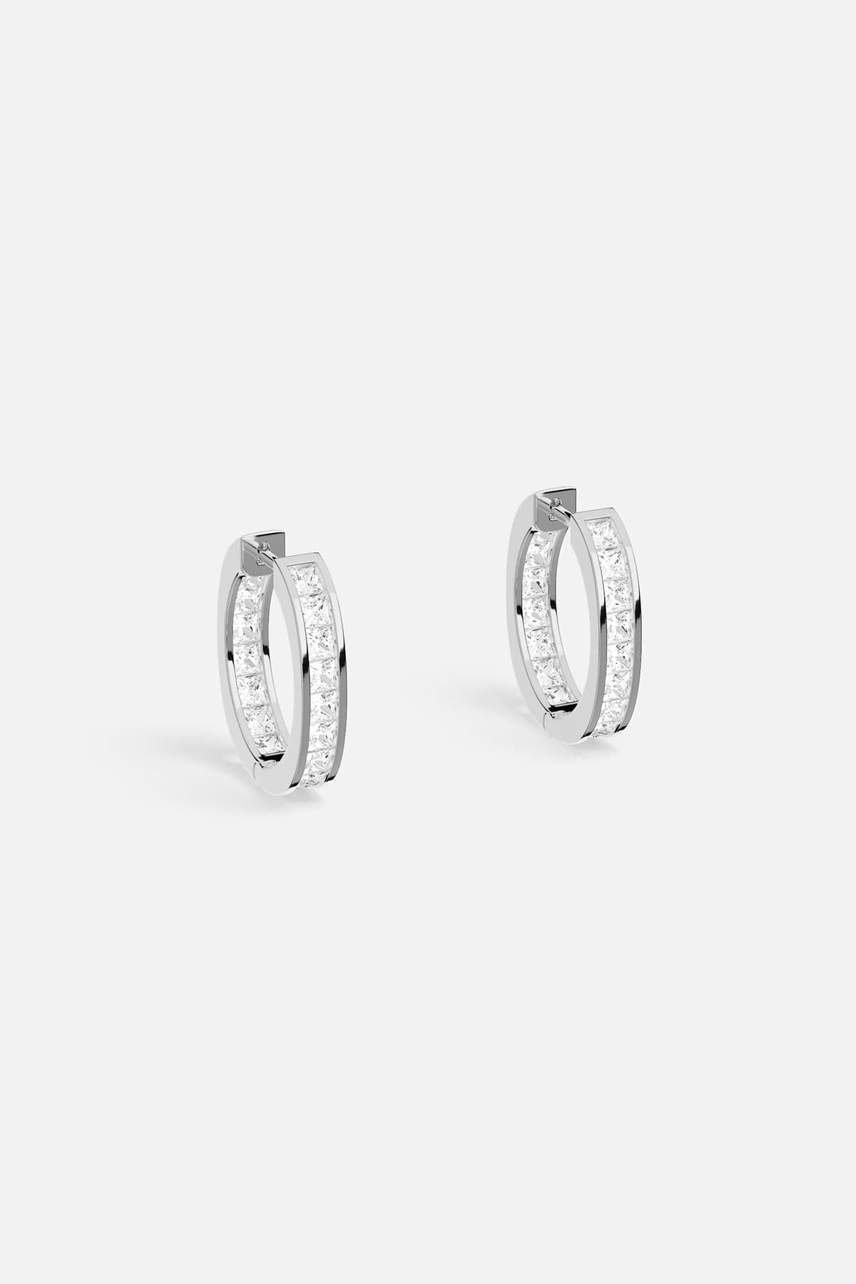 APM Hoop Earrings in rhodium finish, radiant sparkle for effortless everyday elegance.