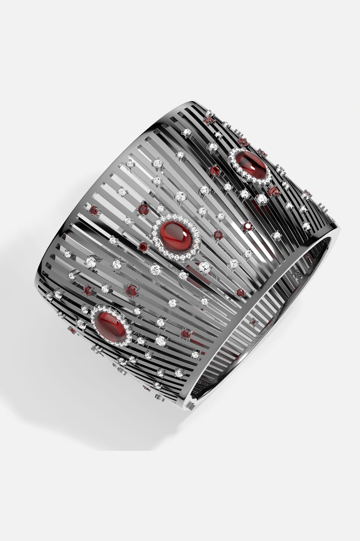 APM Cuff Bracelet in dark rhodium finish, sparkling with red and crystal constellations.