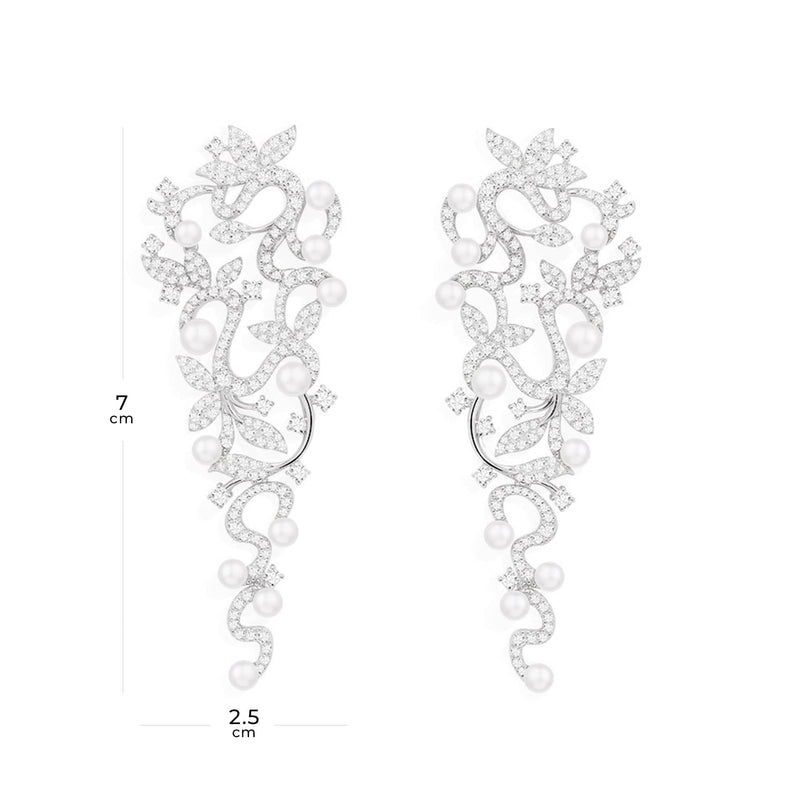 Long Flower Drop Earrings with Pearls