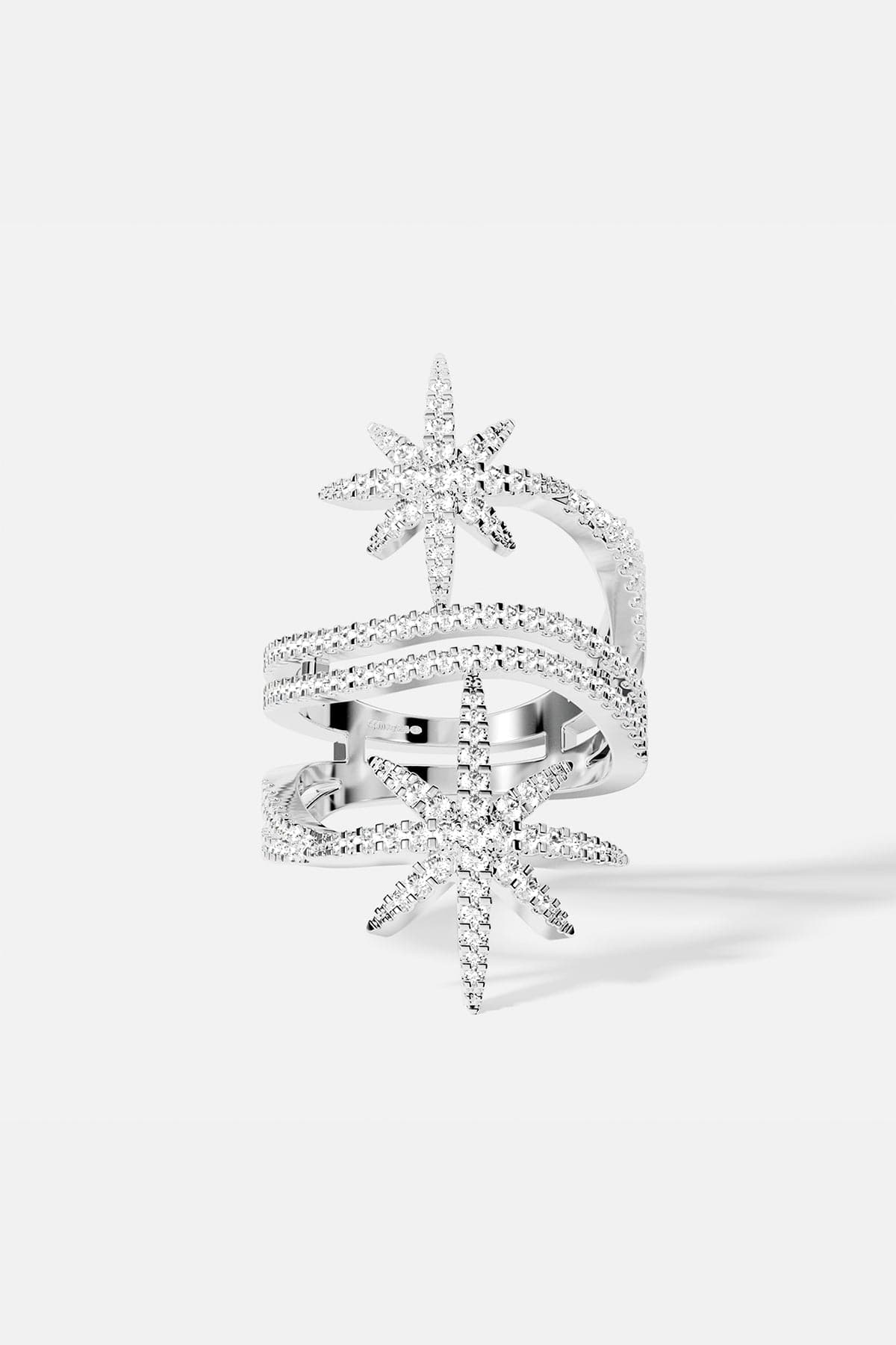 APM double-meteorites silver ring with star-shaped design on a white background