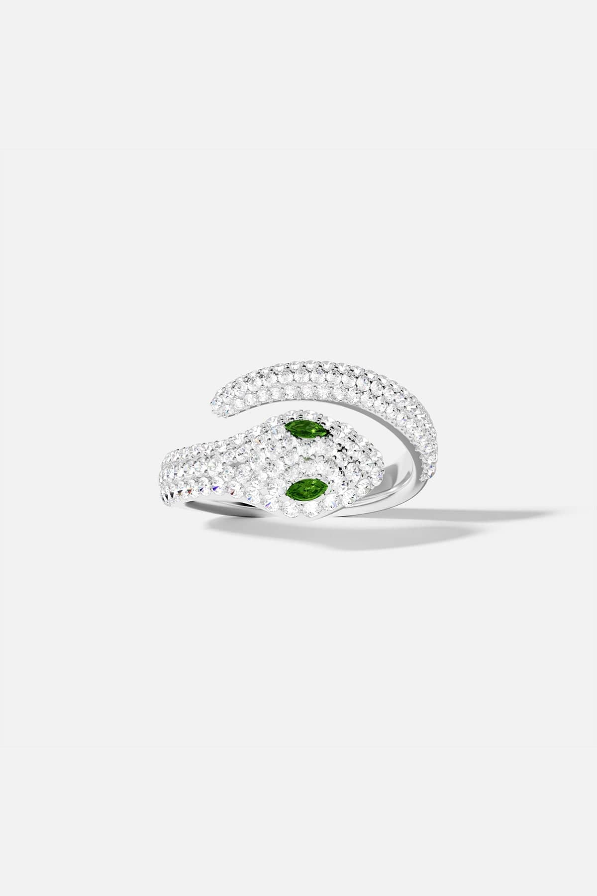 Anillo abierto serpiente con piedras verdes - plata