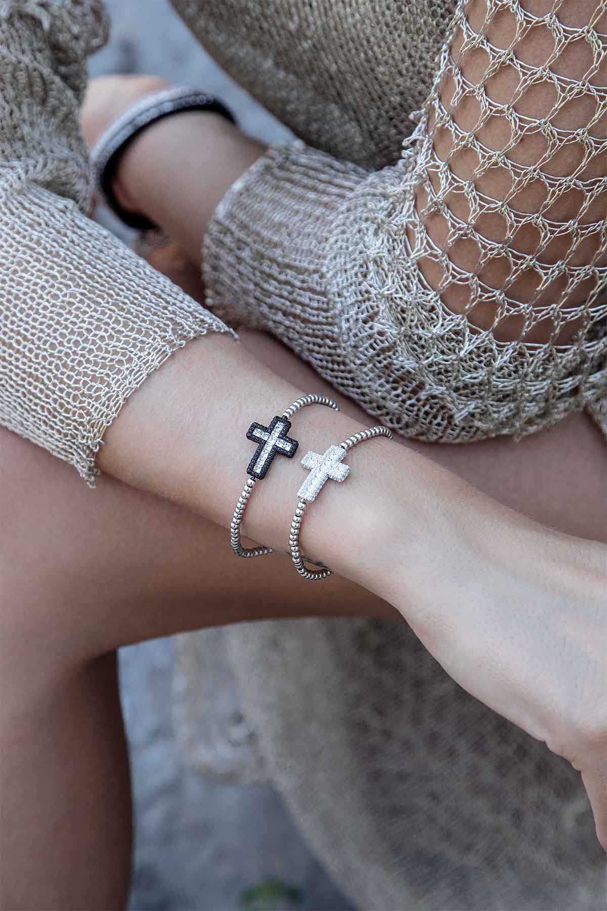 APM Monaco Cross Bracelet with beads in Silver